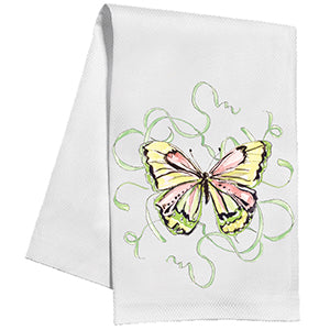 Handpainted Garden Party Green & Coral Butterfly Tea Towel | Rosanne Beck