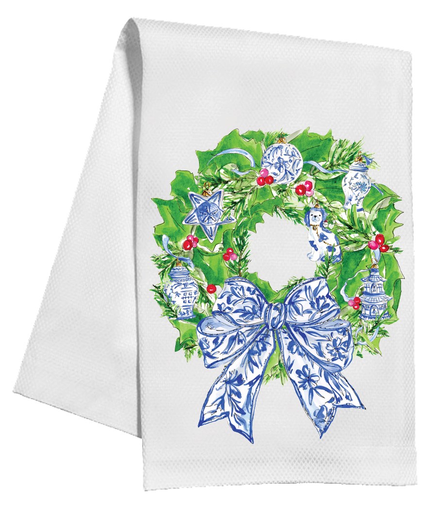 Wreath with Blue Chinoiserie Ornaments Tea Towel