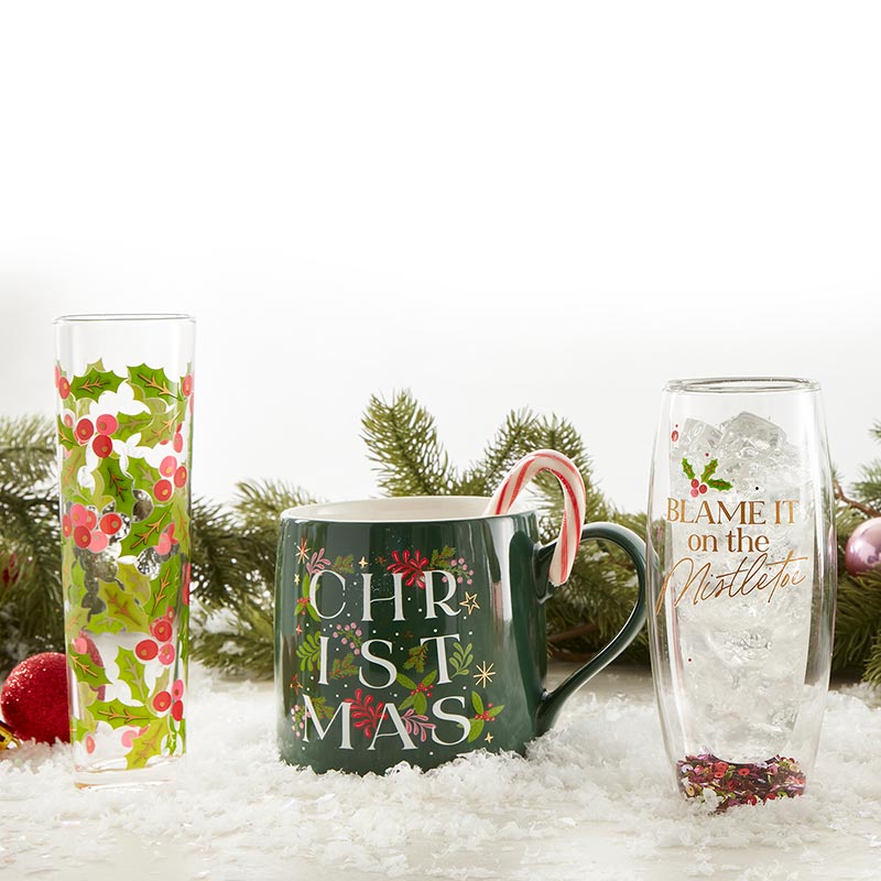 Flat Champagne Glass - Mistletoe Pattern