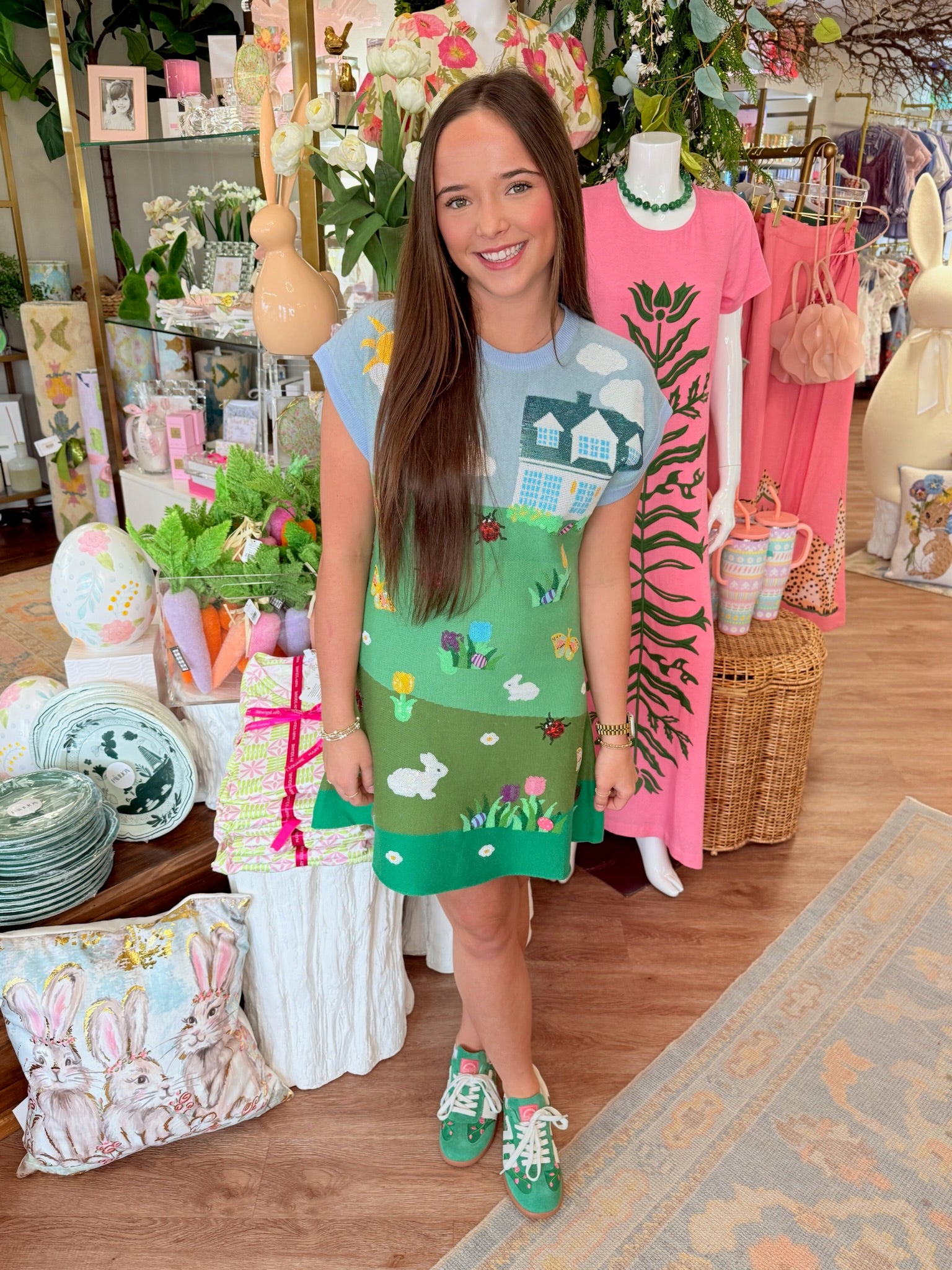 Multi Easter Bunnies & Eggs in Yard Scene Knit Short Sleeve Dress | Queen of Sparkles