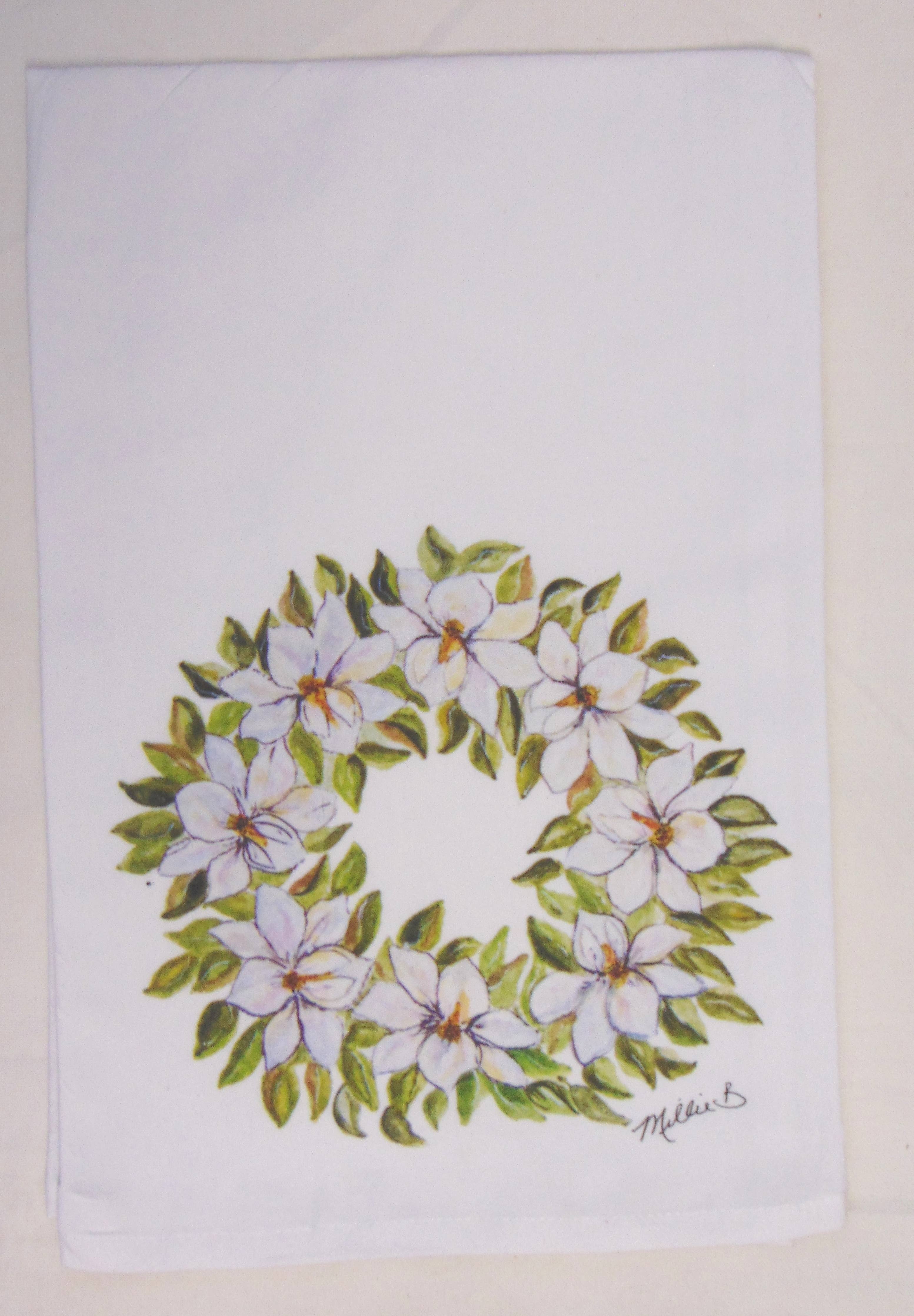 Watercolor Magnolia Wreath Flour Sack Towel