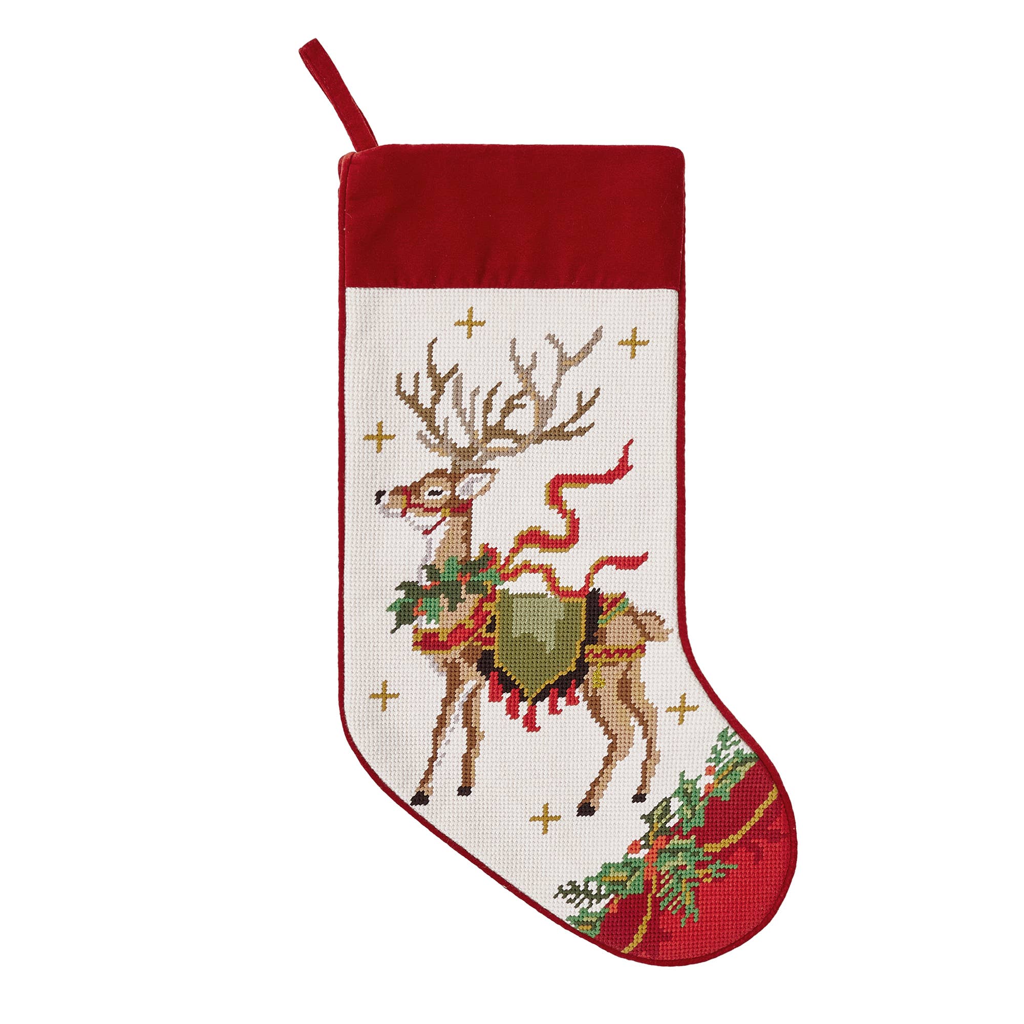Reindeer w/Wreath Embroidered Needlepoint Style Stocking