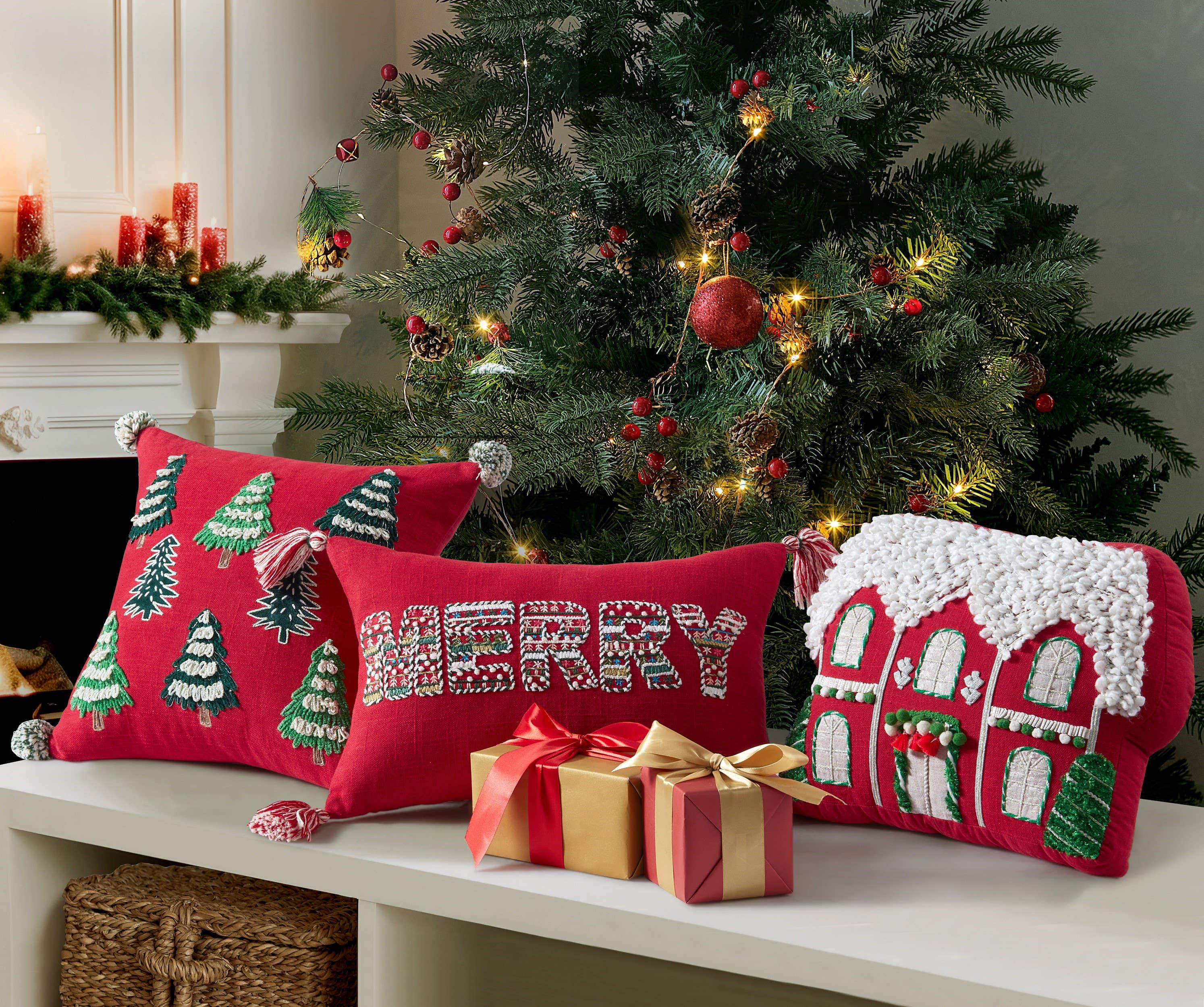 Red House w/Poms Embroidered Applique Pillow