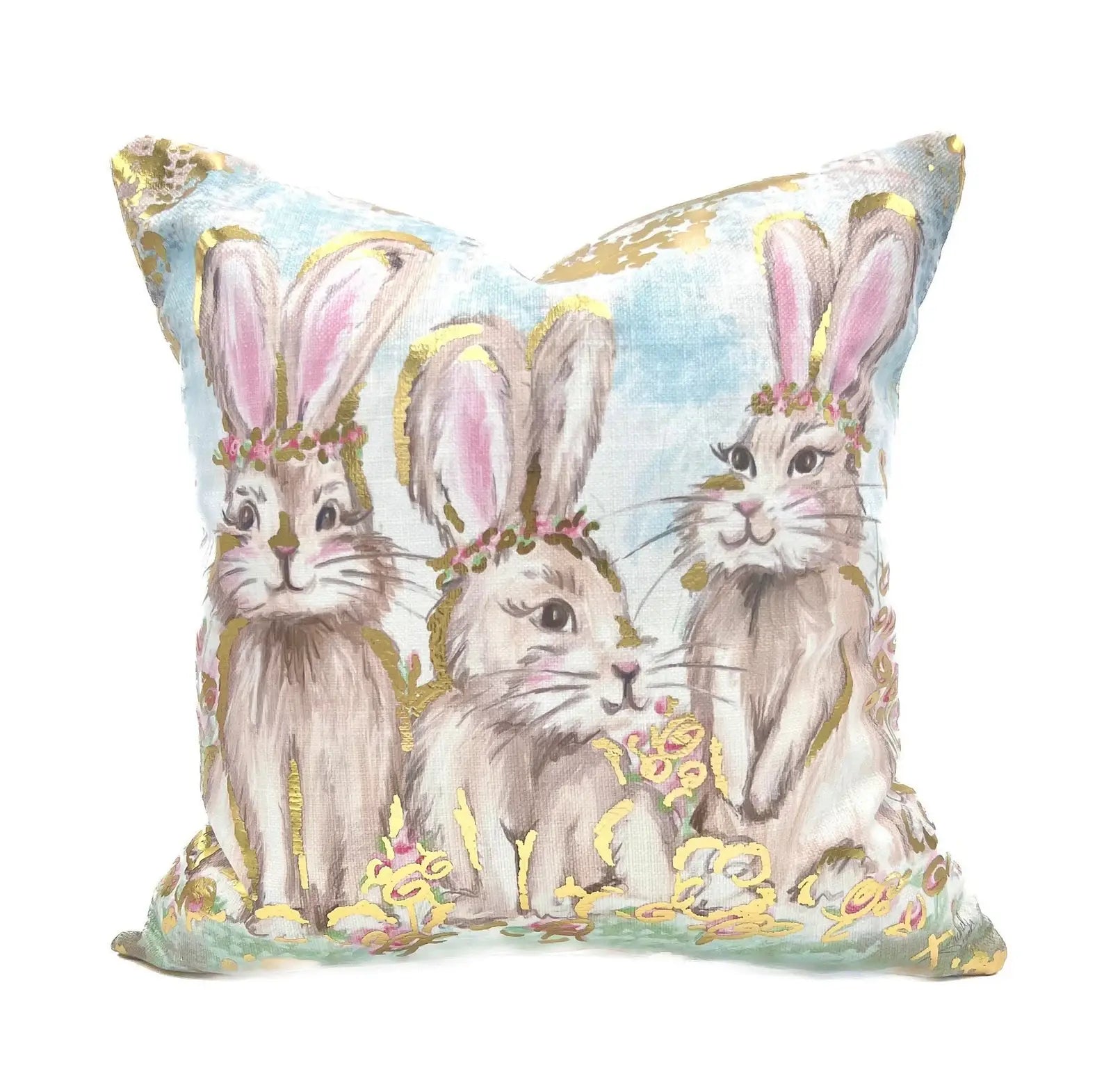 Golden Garden Bunnies Pillow