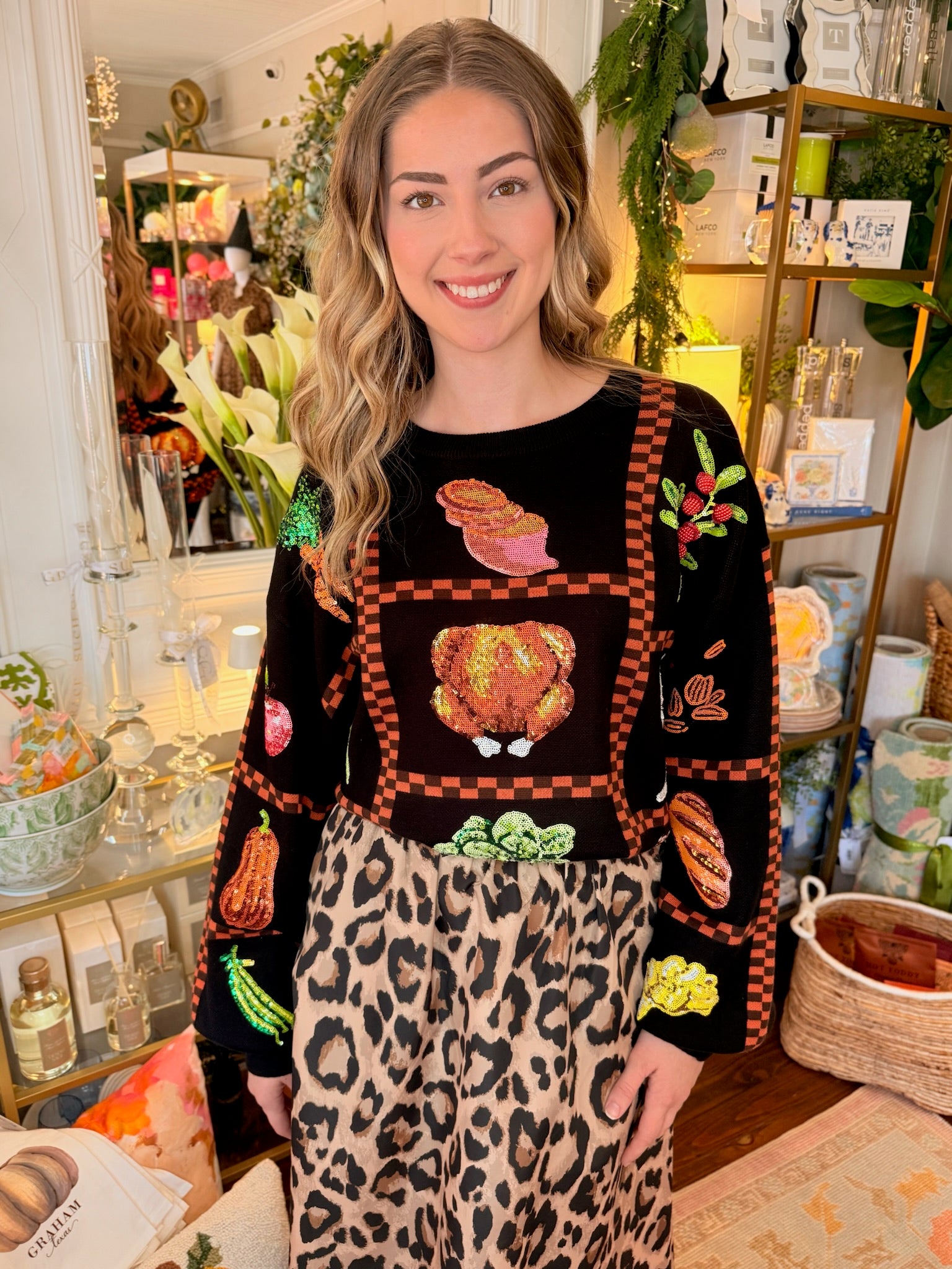 Black Checkered Thanksgiving Icon Sweater | Queen of Sparkles