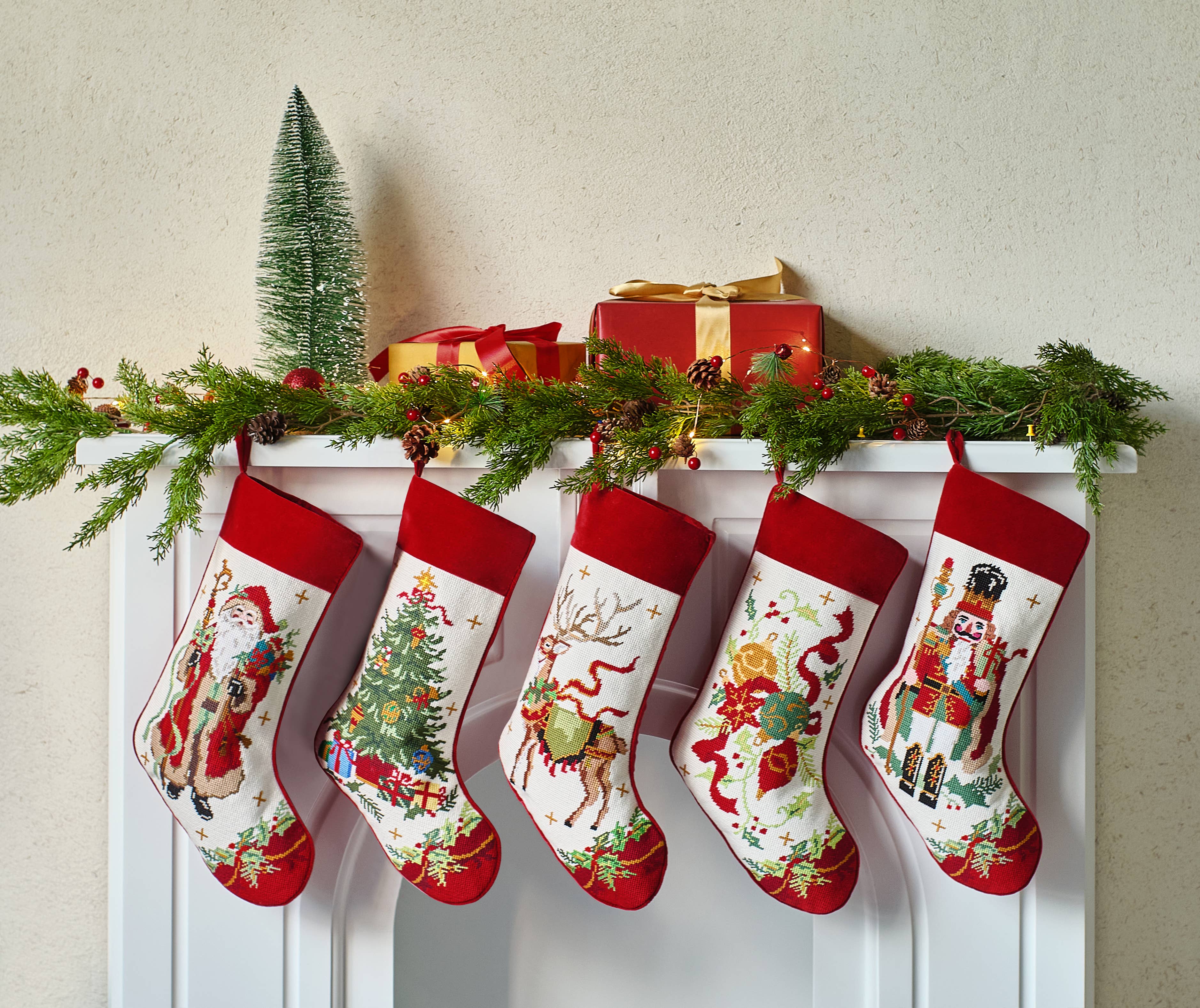 Santa w/Staff Embroidered Needlepoint Style Stocking