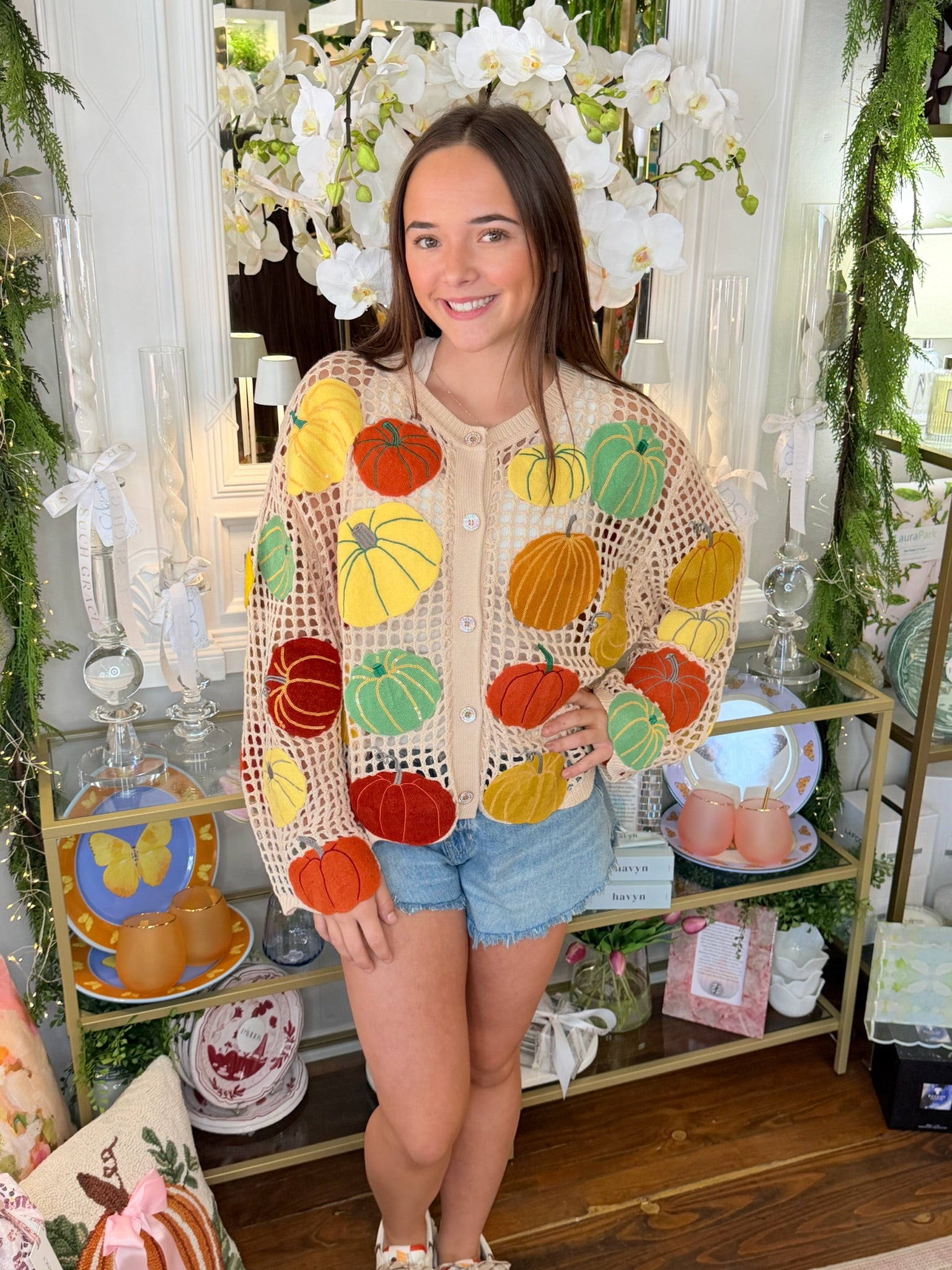 Beige Multi Pumpkin Crochet Button Up Cardigan | Queen of Sparkles