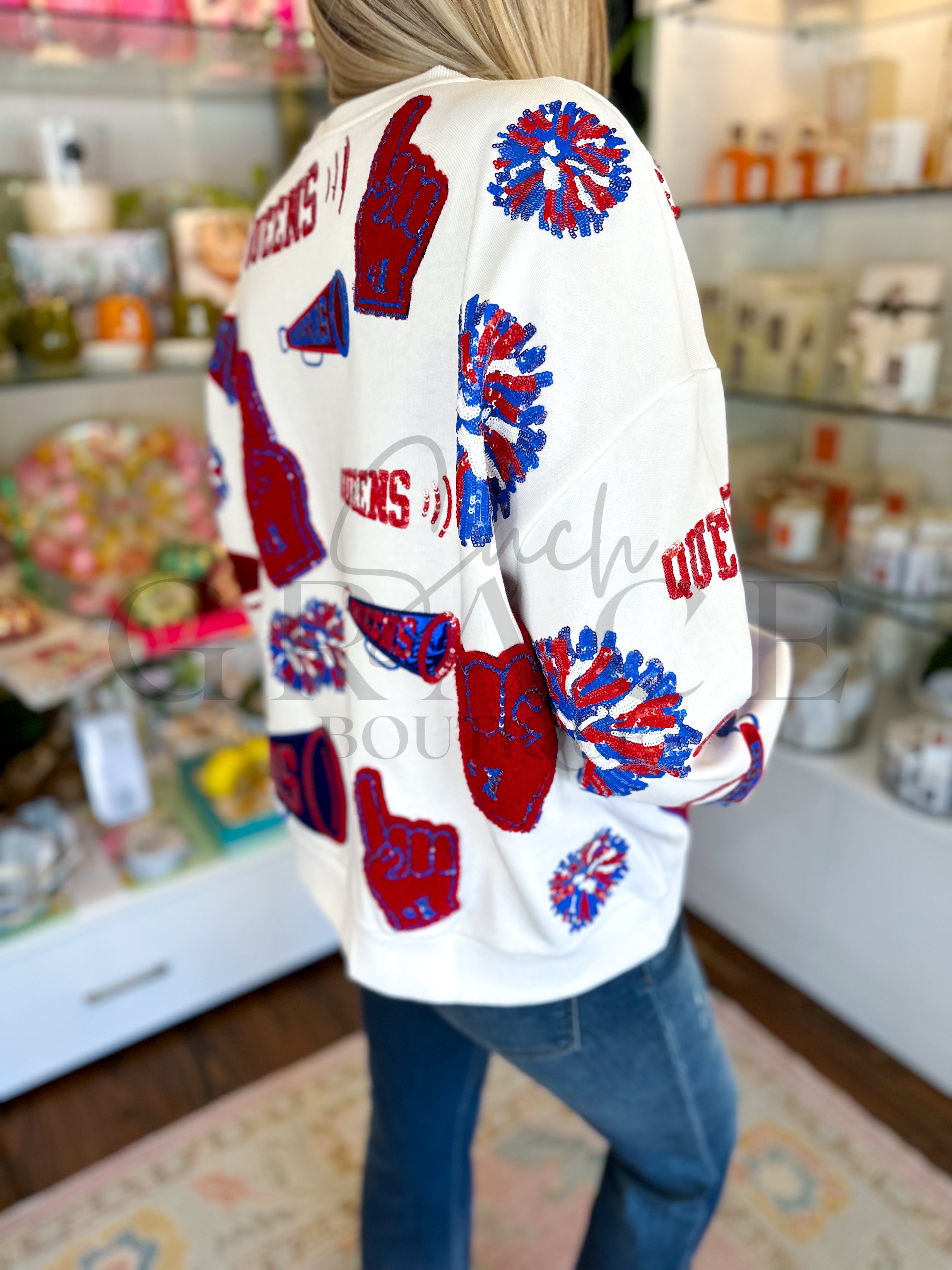 White, Red, & Royal Cheers Queen Icon Sweatshirt | Queen Of Sparkles