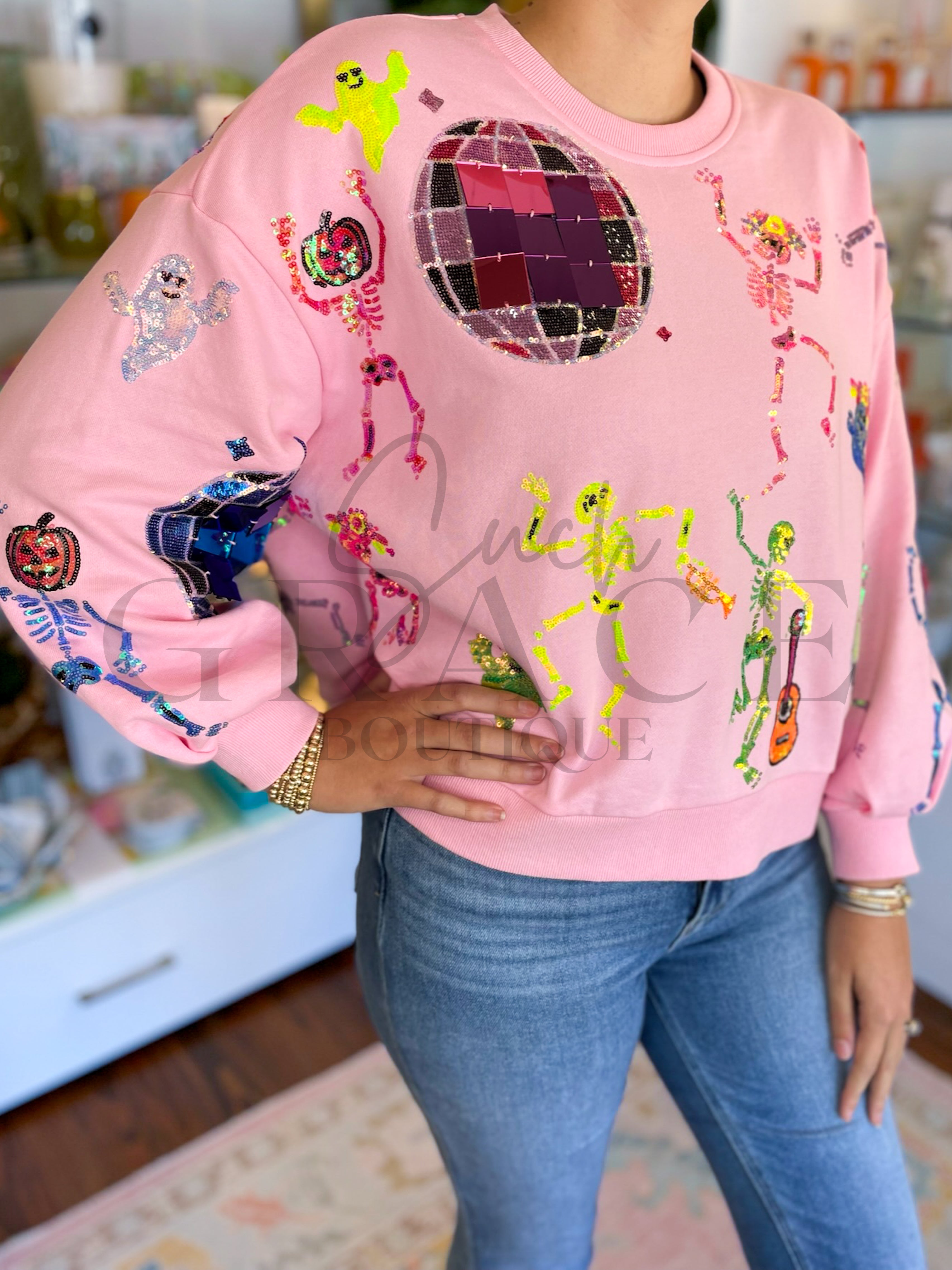 Pink Skeleton Disco Party Sweatshirt | Queen Of Sparkles