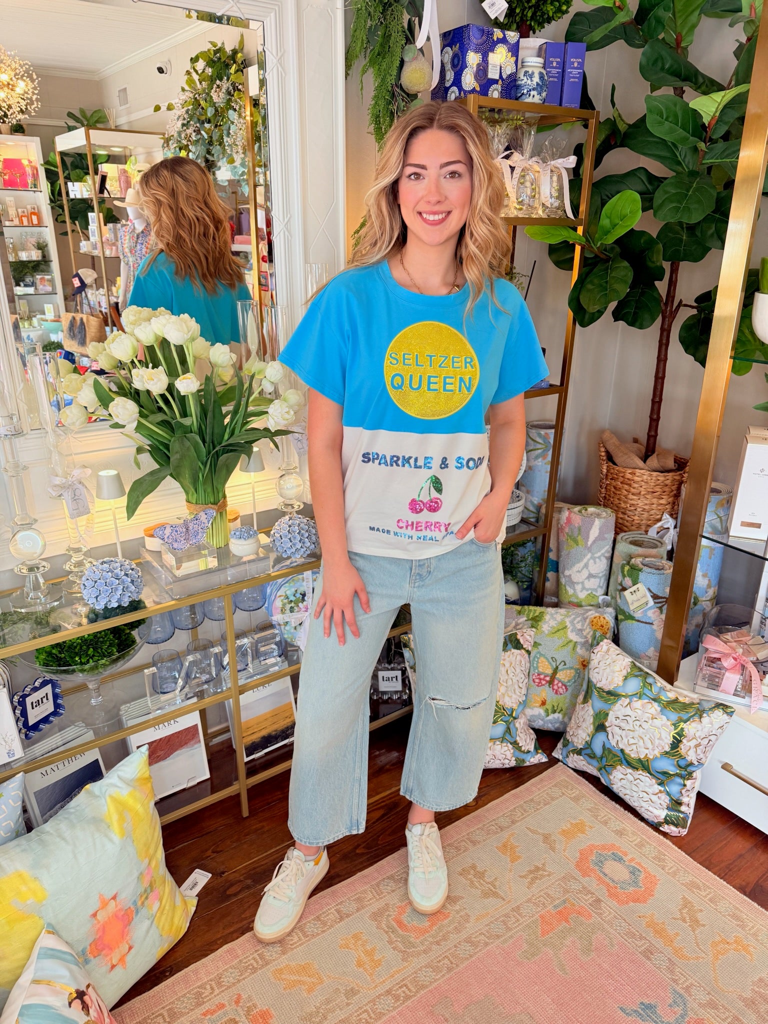 Aqua & White Colorblock Seltzer Tee | Queen of Sparkles