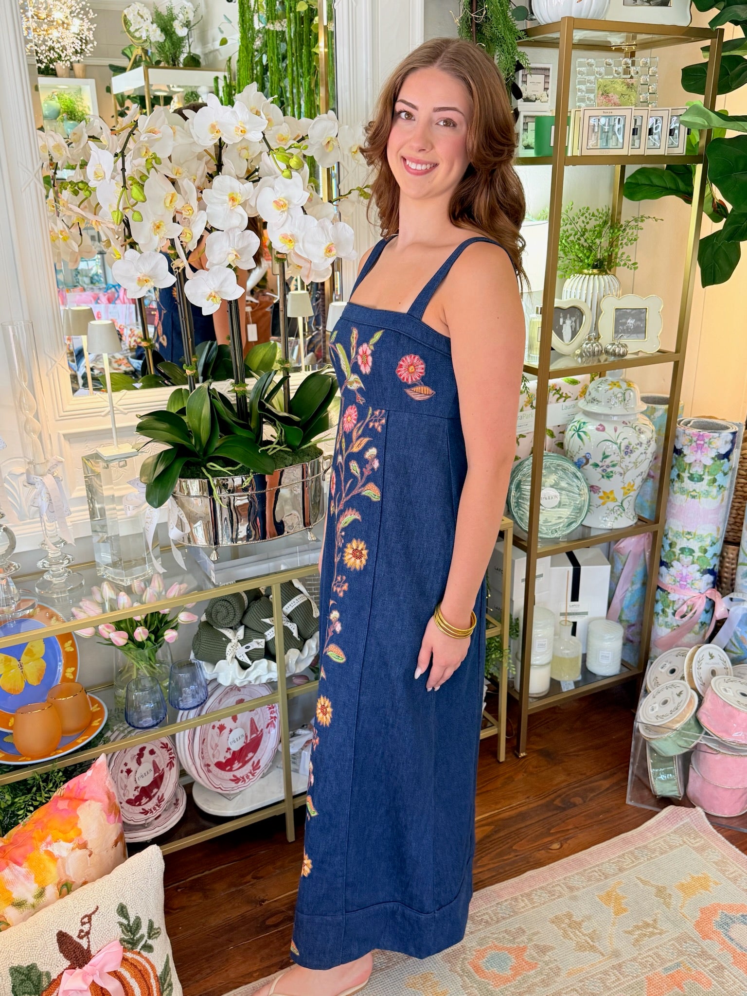 Annalisa Dress in Denim Floral Embroidery | Elizabeth James