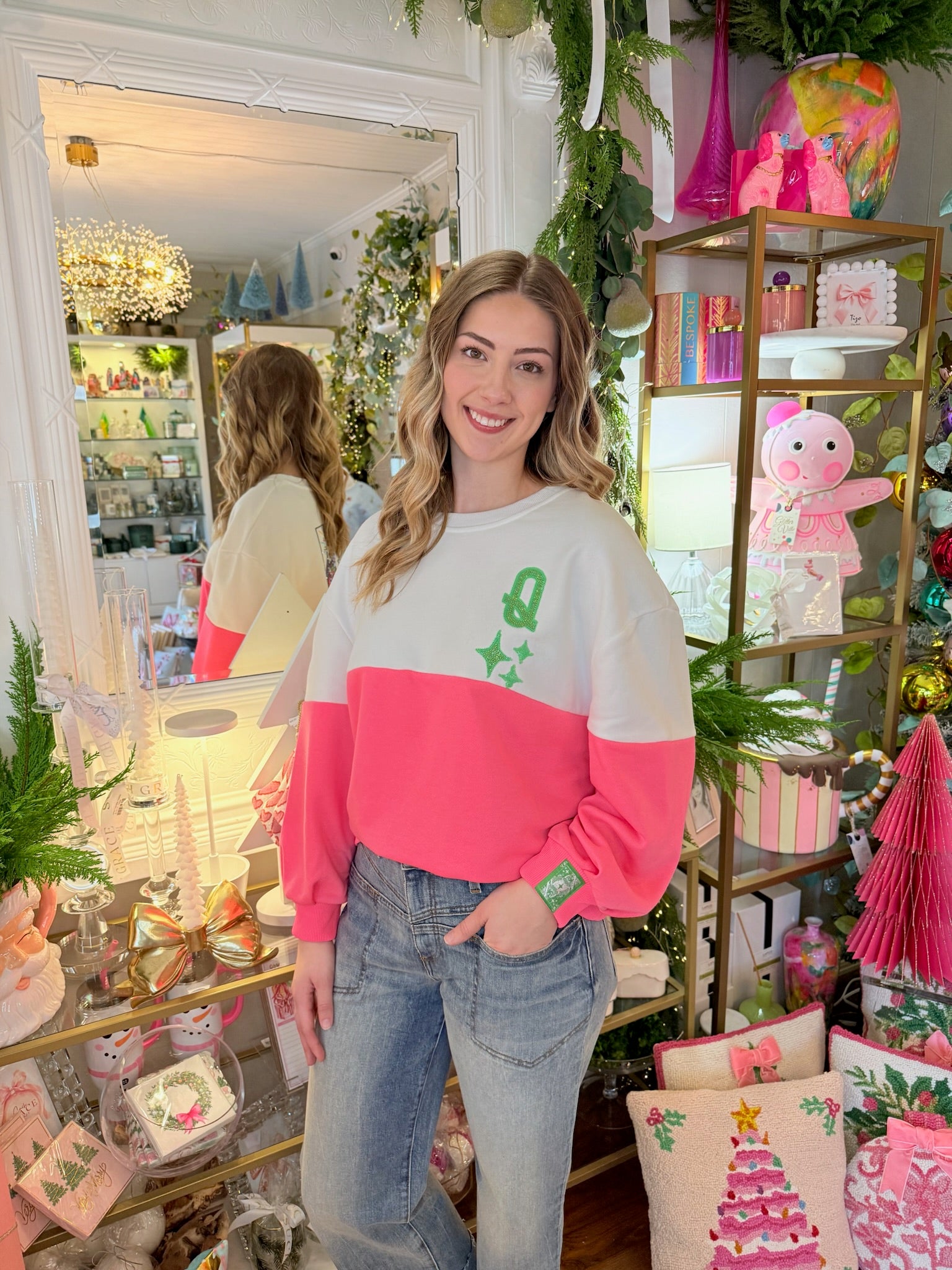 White & Neon Pink Colorblock QOS Logo Sweatshirt | Queen of Sparkles
