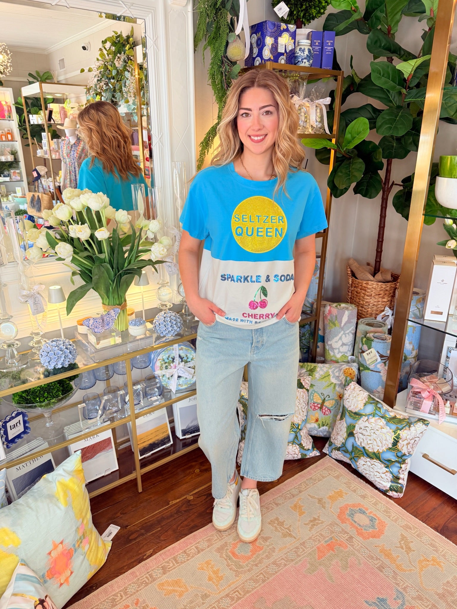Aqua & White Colorblock Seltzer Tee | Queen of Sparkles