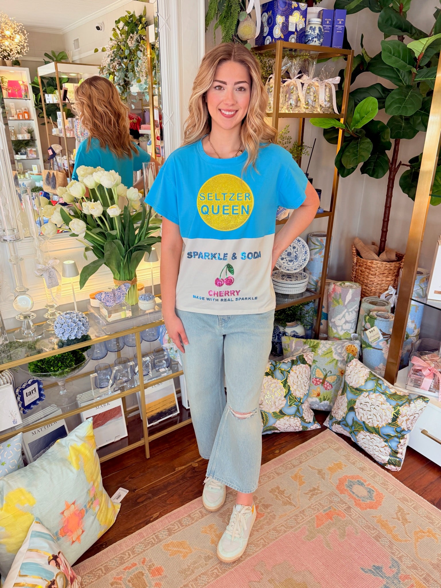 Aqua & White Colorblock Seltzer Tee | Queen of Sparkles