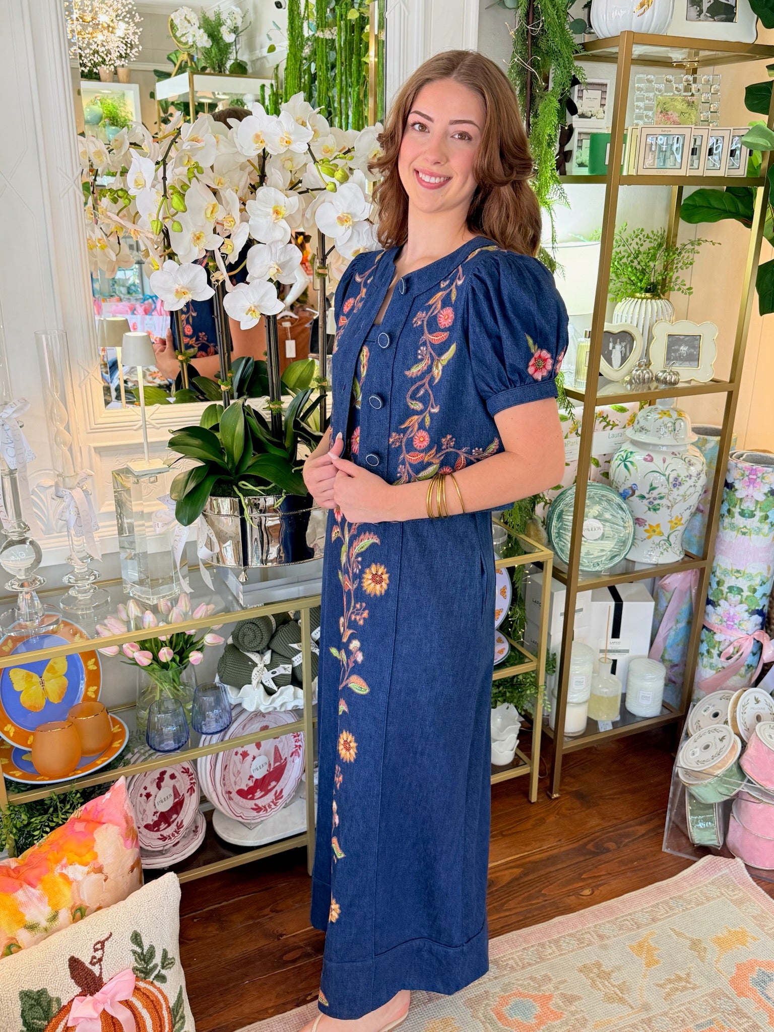 Annalisa Dress in Denim Floral Embroidery | Elizabeth James