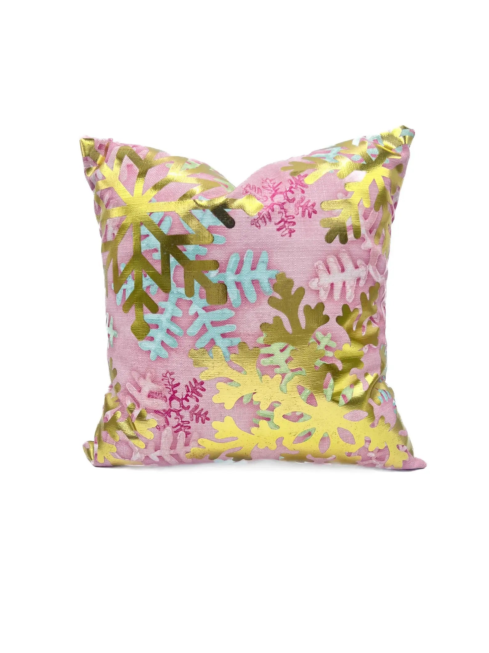 Gold Foil Pink and Mint Snowflakes Velvet Pillow