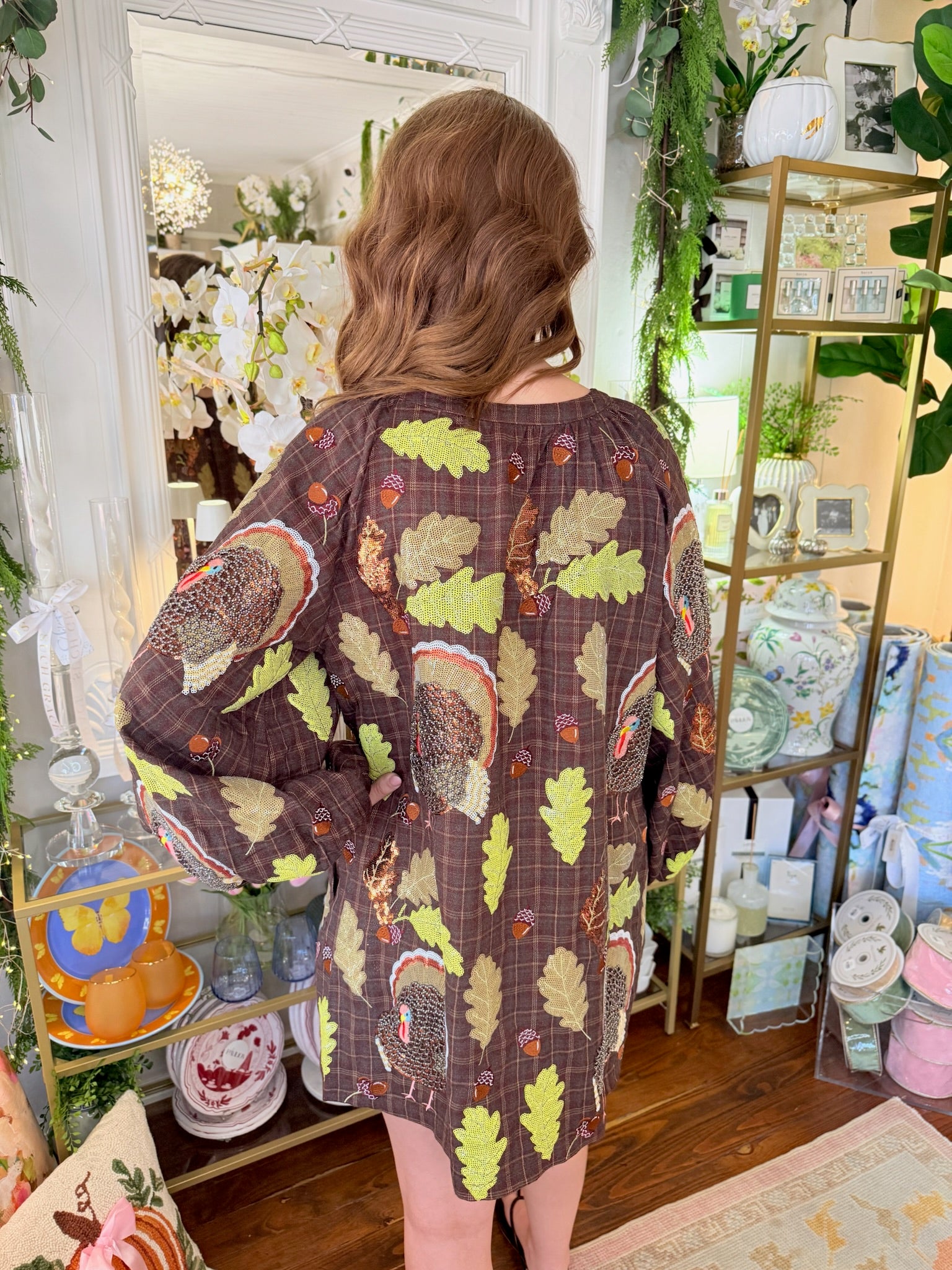 Brown Plaid Turkey & Leaves Button Up Long Sleeve Dress | Queen of Sparkles