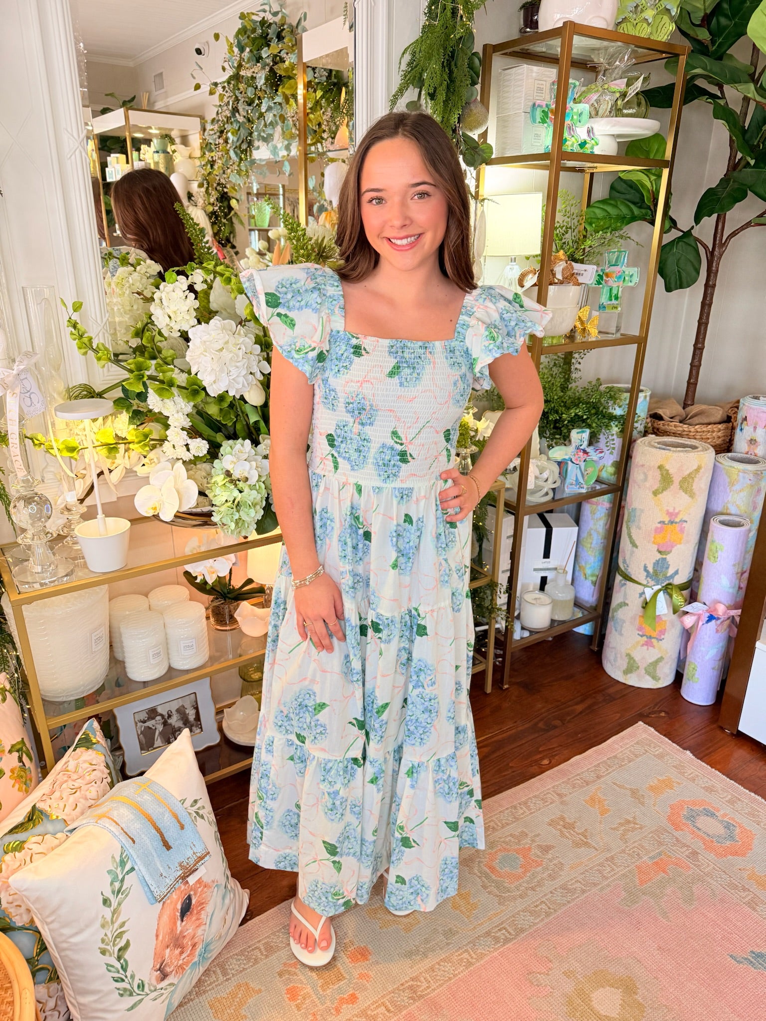 Hydrangea Ribbons Smocked Flutter Sleeve Dress