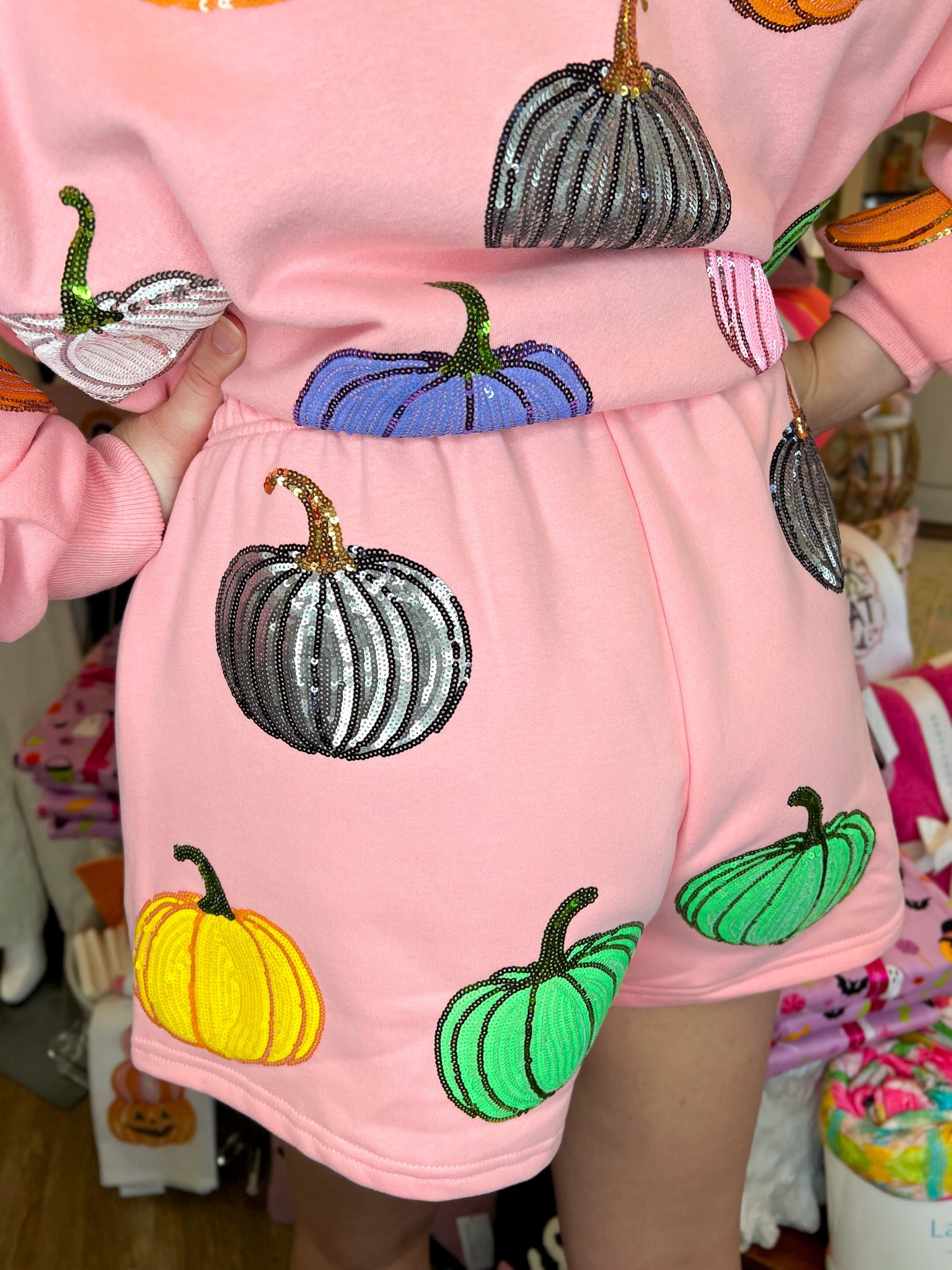 Light Pink Multi Pumpkin Shorts | Queen of Sparkles