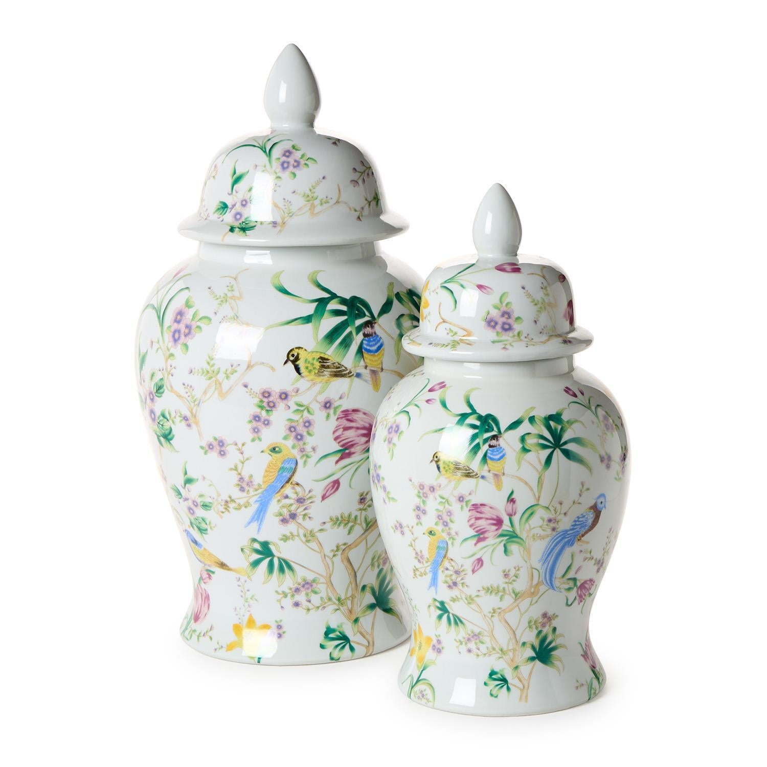 Bird & Blossom Chinoiserie Covered Temple Jar - Ceramic