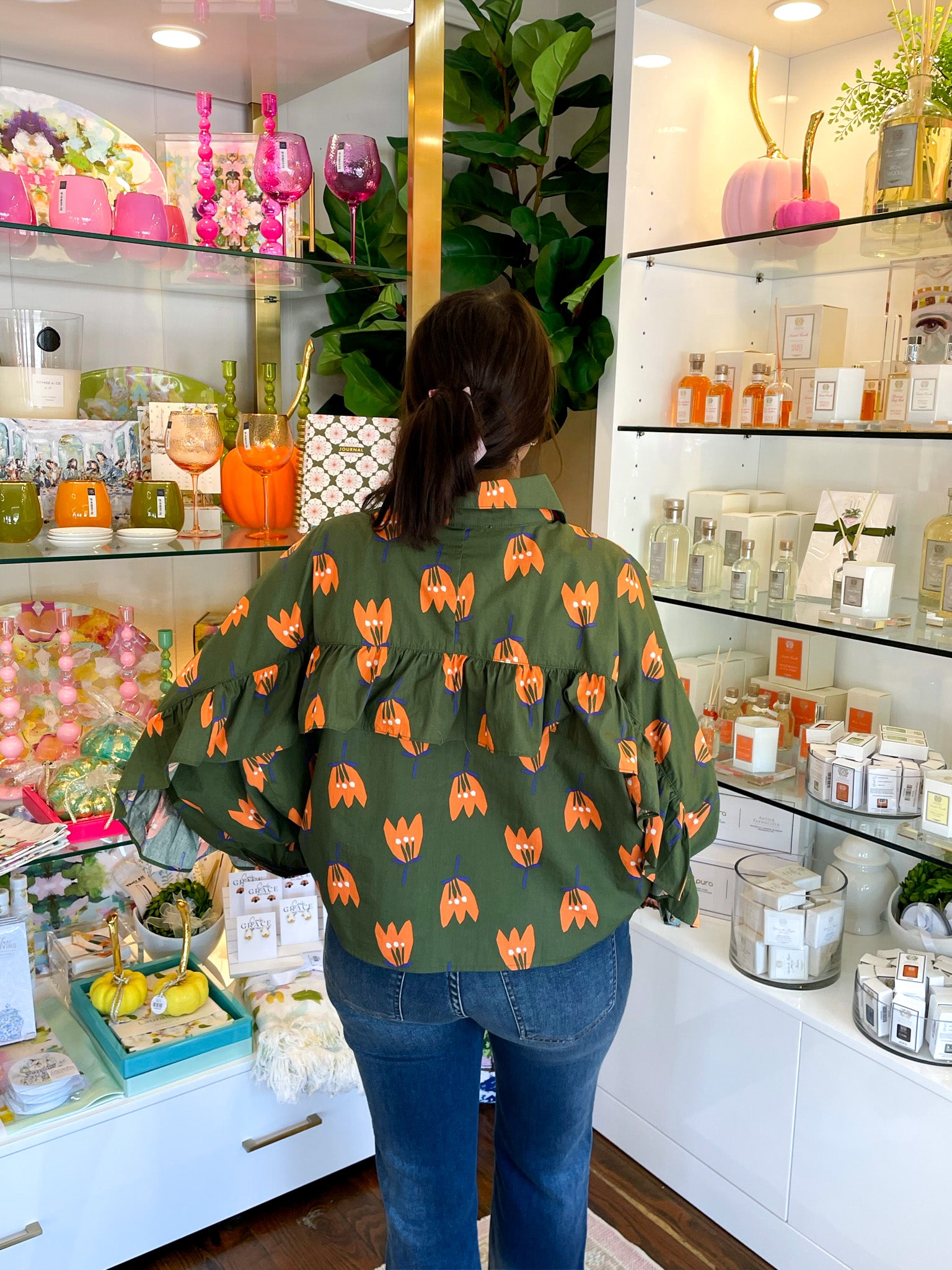 Poplin Poppy Ruffle Back Button Up | KARLIE