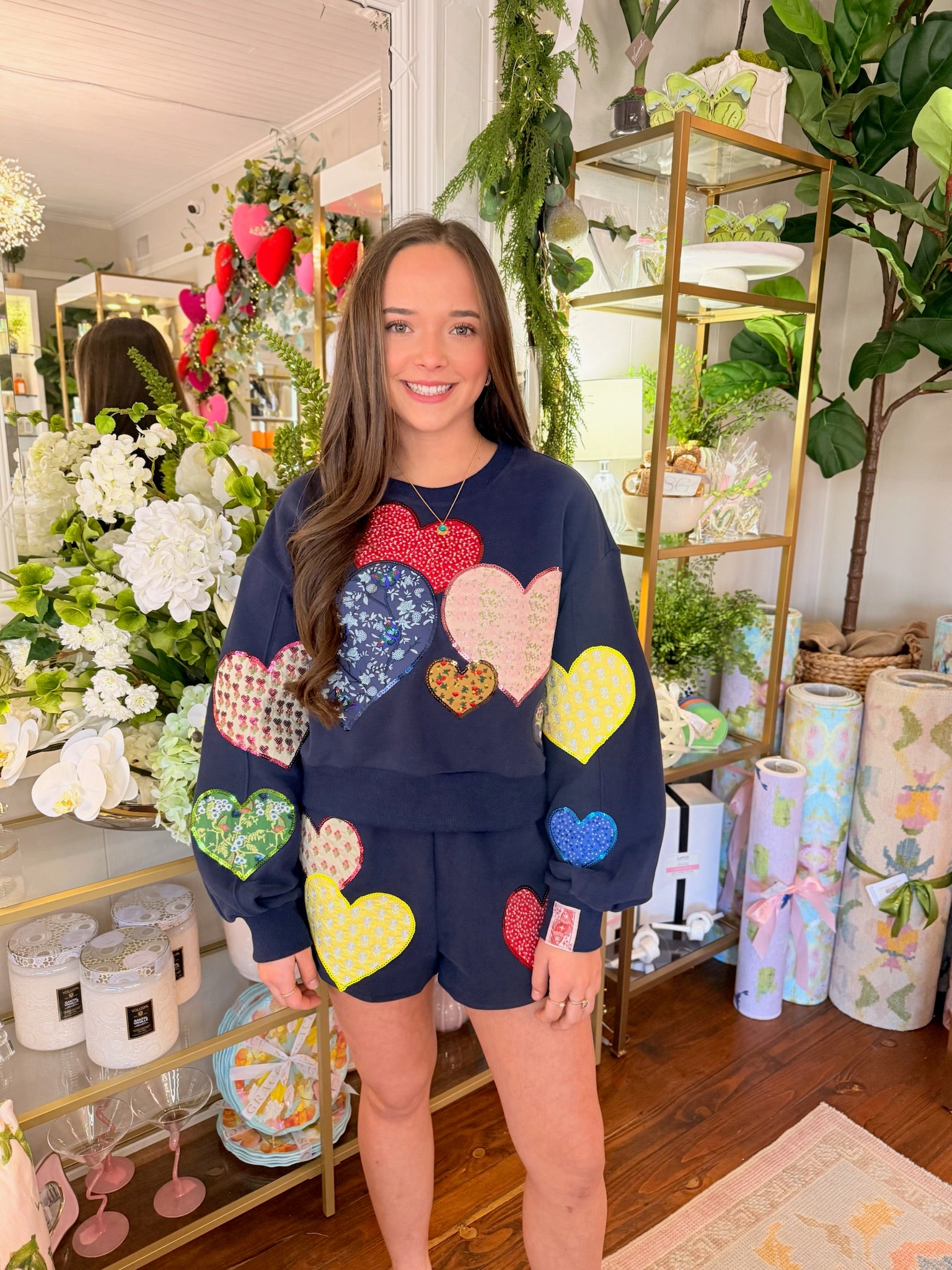 Navy Multi Embroidered Hearts Short | Queen of Sparkles
