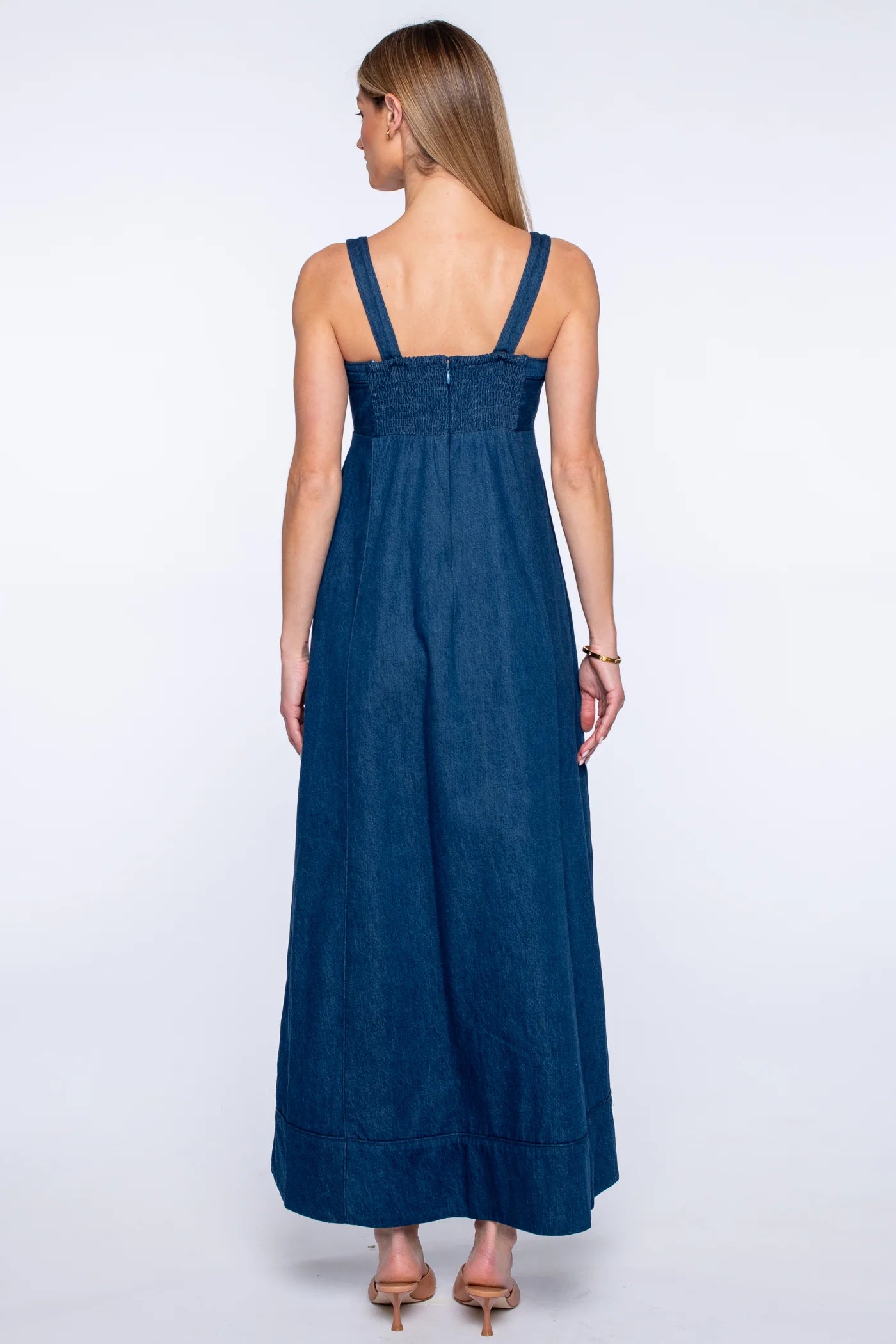 Annalisa Dress in Denim Floral Embroidery | Elizabeth James