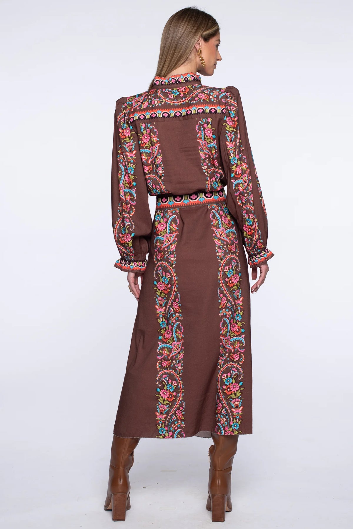 Long Sleeve Carlisle Dress in Brown Scroll | Elizabeth James