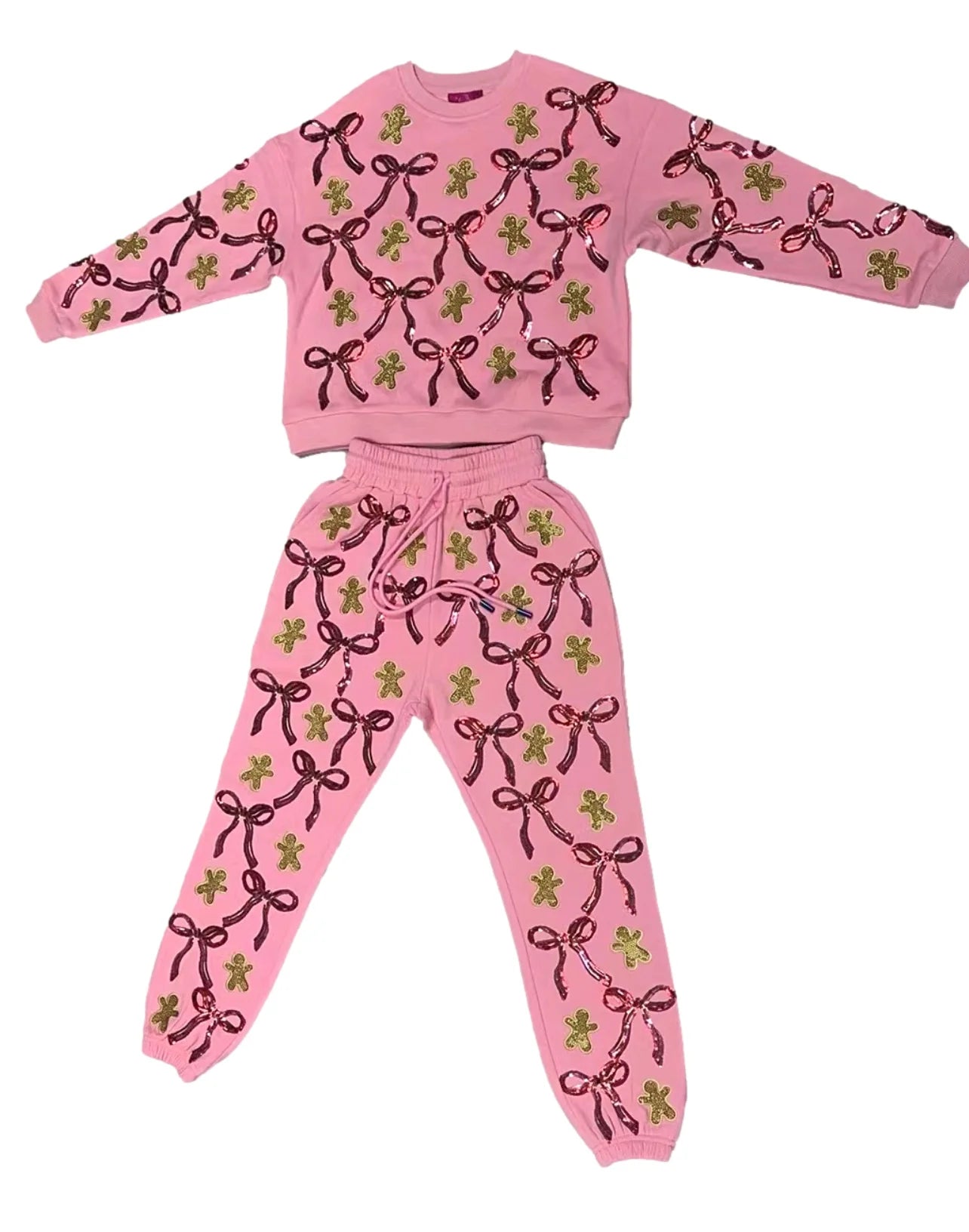 KIDS Light Pink Gingerbread Men \u0026 Bows Sweatshirt | Queen of Sparkles, image size:1284x1632