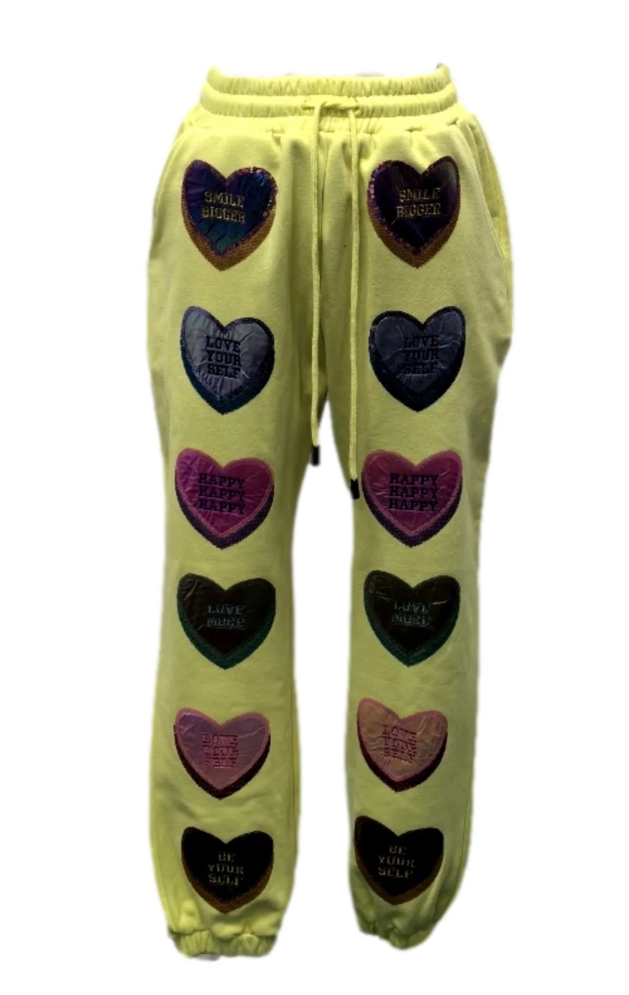 Pale Yellow Positive Candy Hearts Joggers | Queen of Sparkles