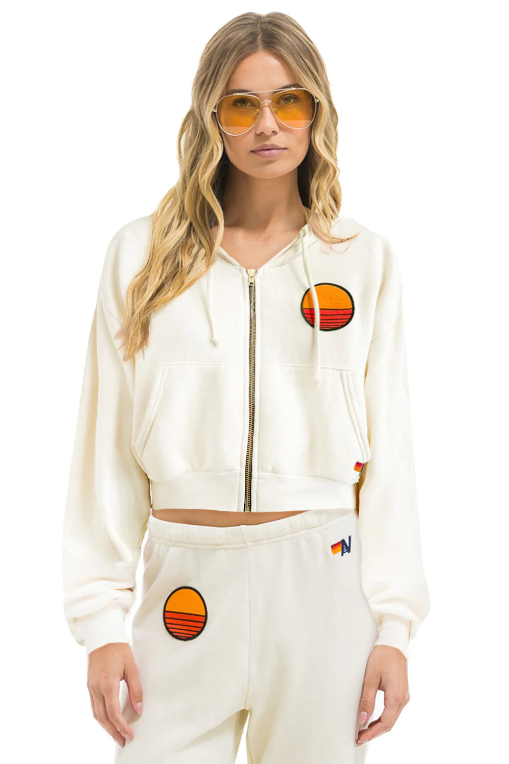Sunset Patch Cropped Zip Hoodie Relaxed - Vintage White | Aviator Nation