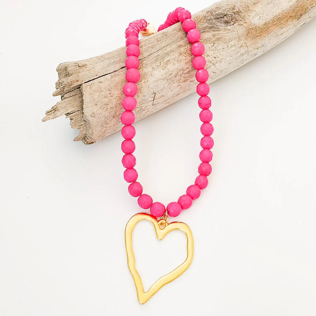 Gemstone Beaded Necklace w/ XL Heart