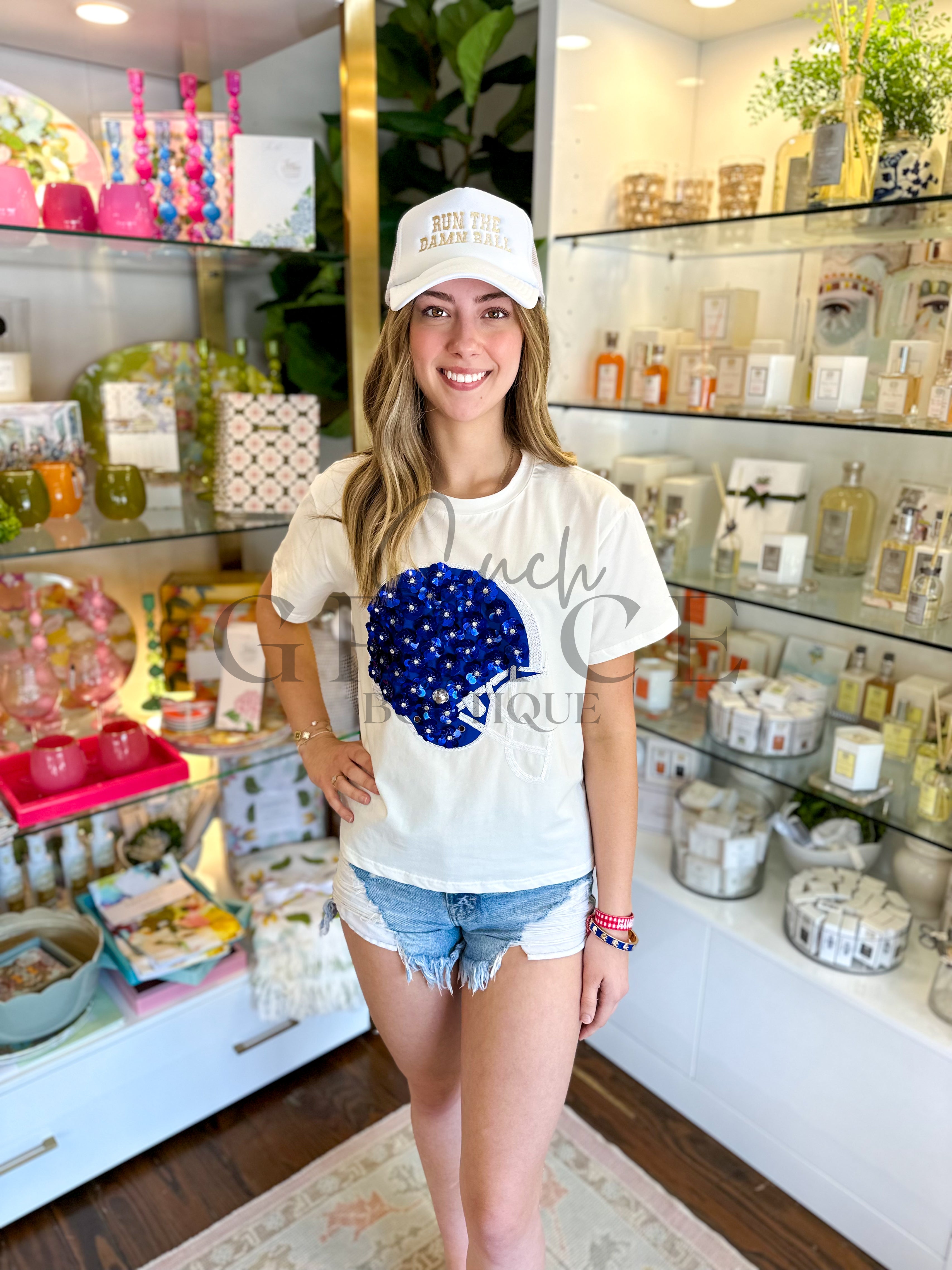 Royal & White Flower Helmet Tee | Queen of Sparkles