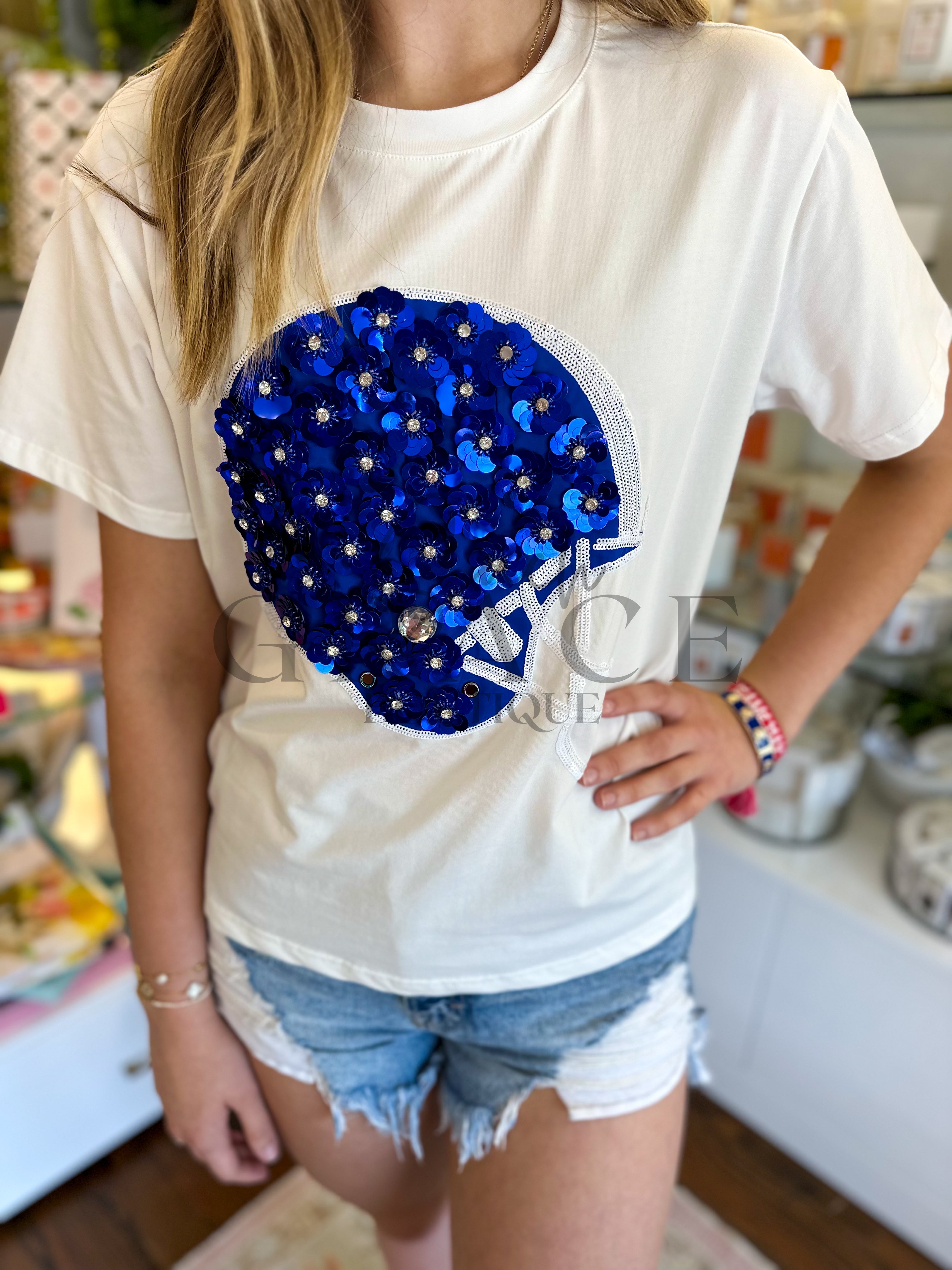 Royal & White Flower Helmet Tee | Queen of Sparkles