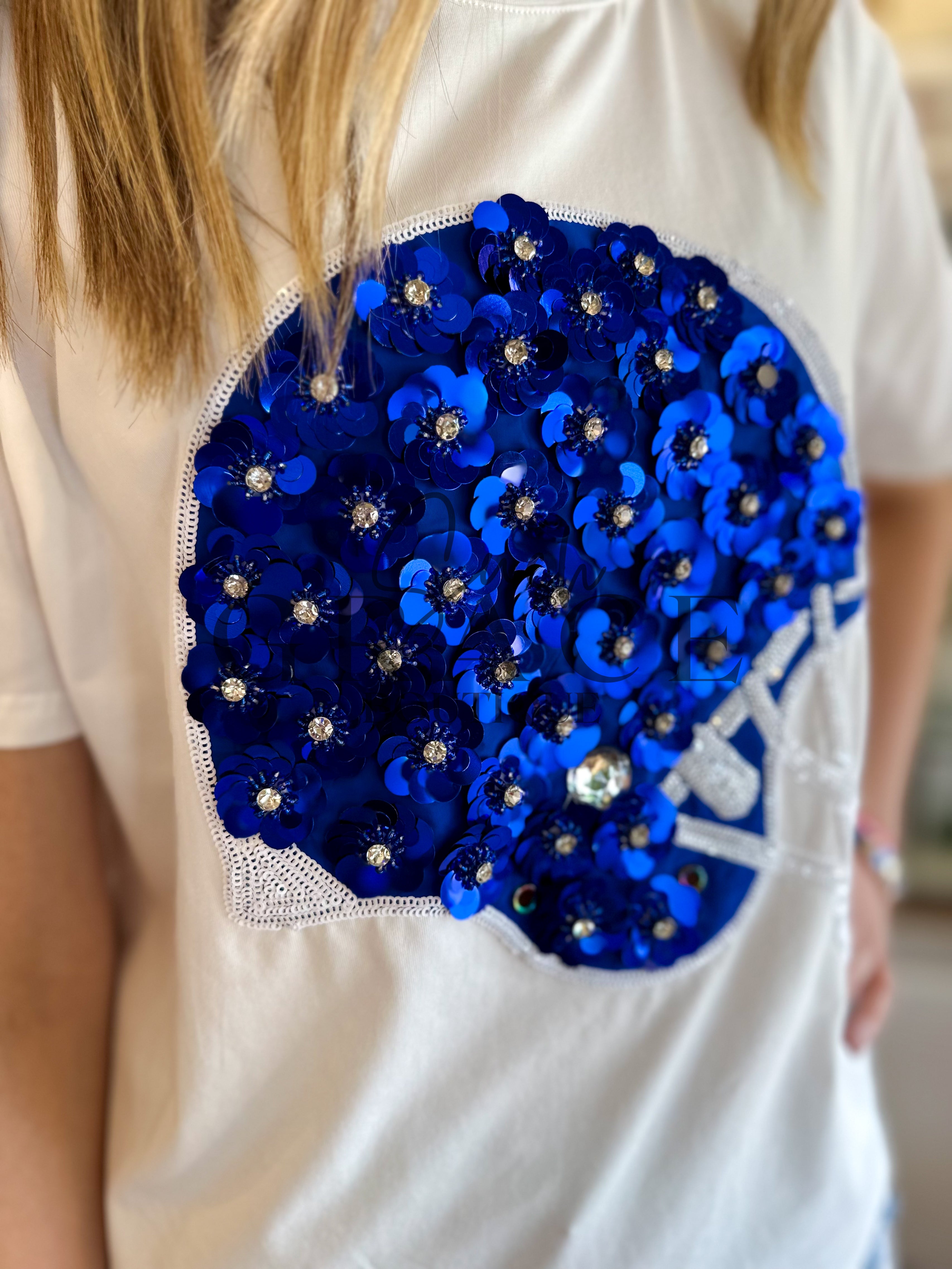 Royal & White Flower Helmet Tee | Queen of Sparkles