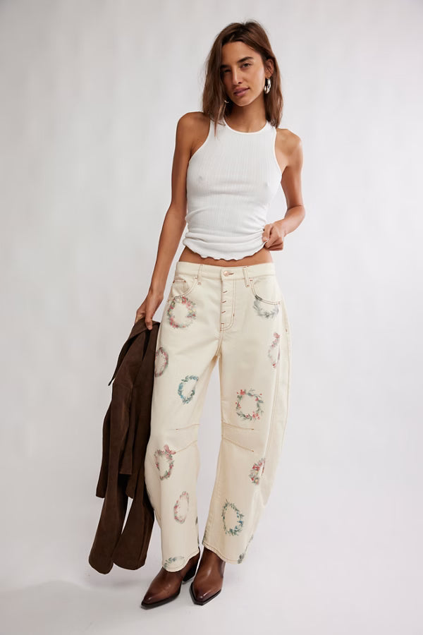 Good Luck Wreath Printed Barrel Jeans | Free People