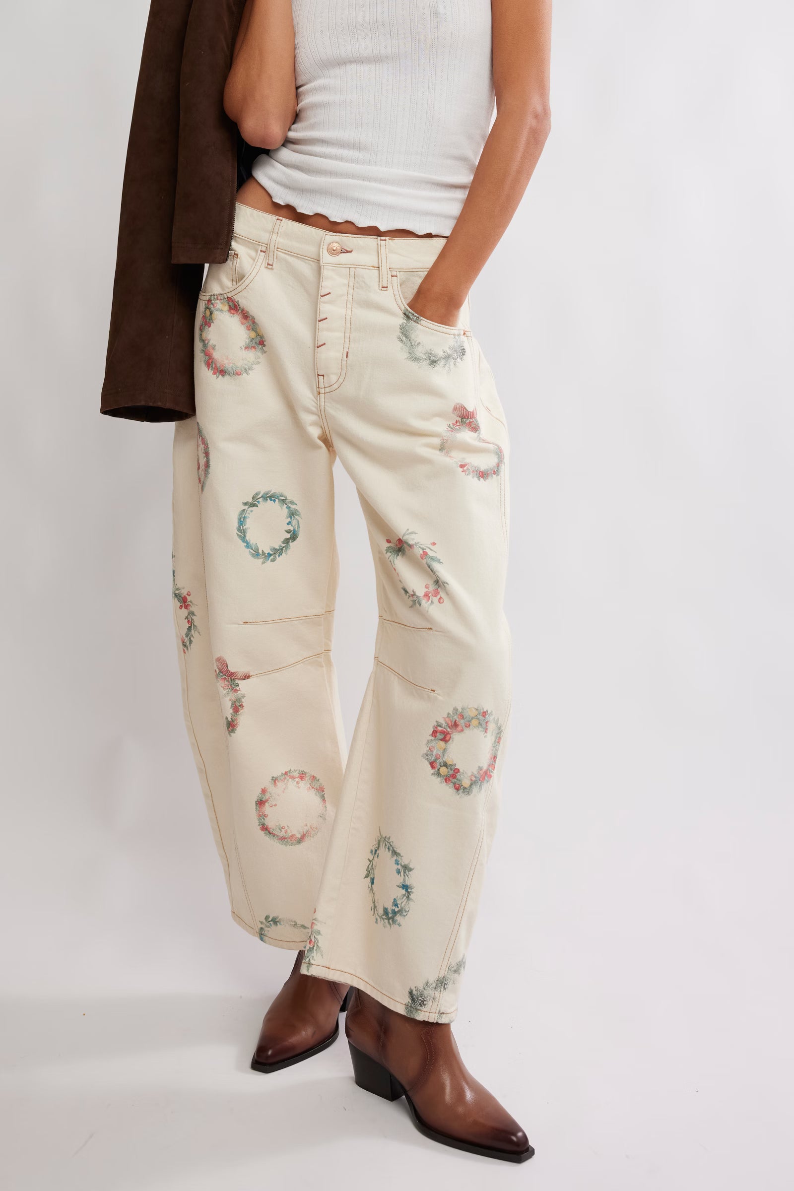 Good Luck Wreath Printed Barrel Jeans | Free People