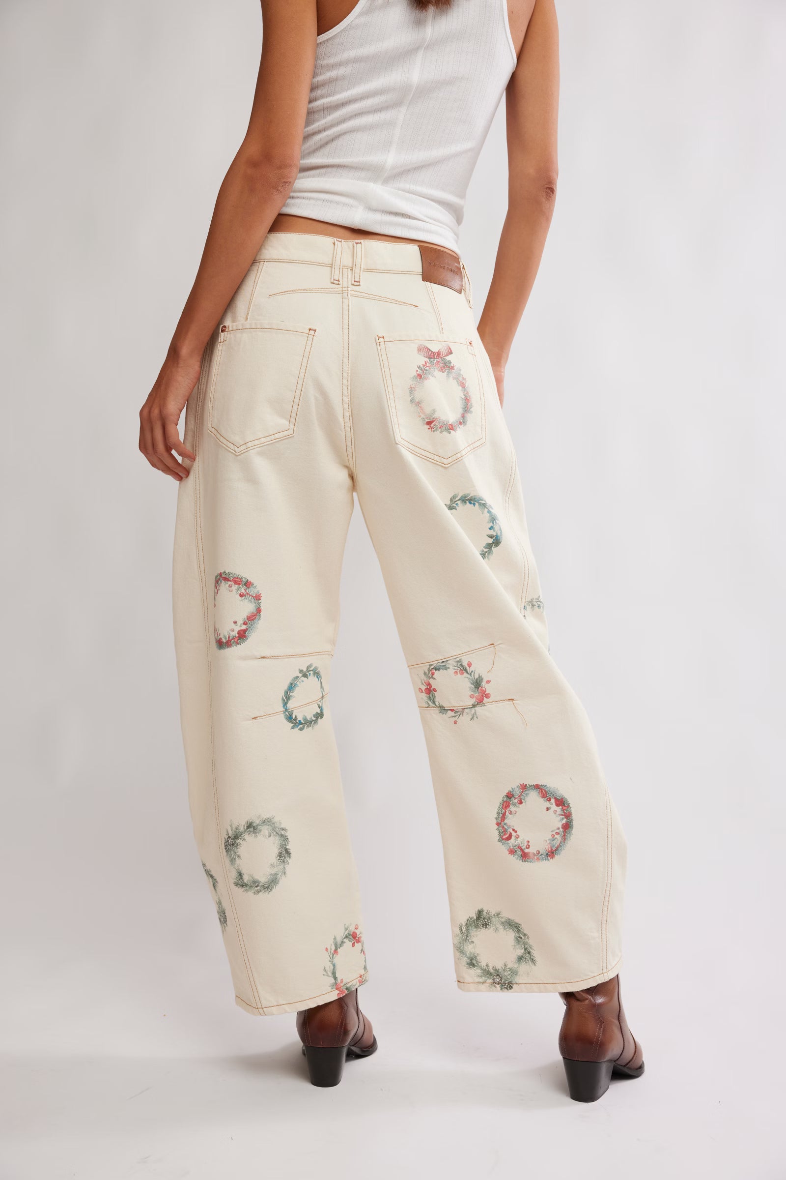Good Luck Wreath Printed Barrel Jeans | Free People