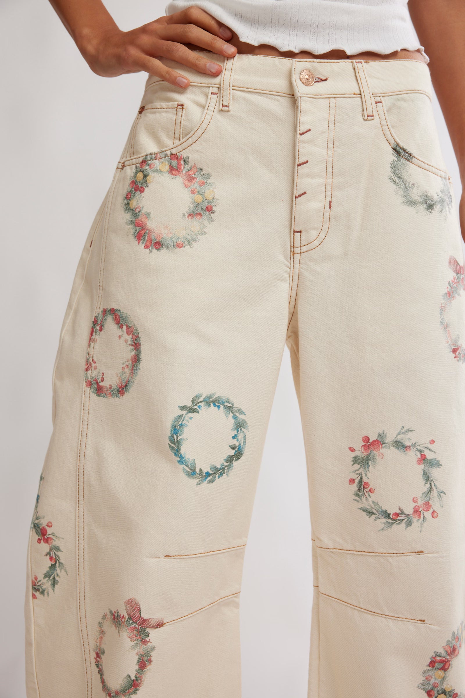 Good Luck Wreath Printed Barrel Jeans | Free People