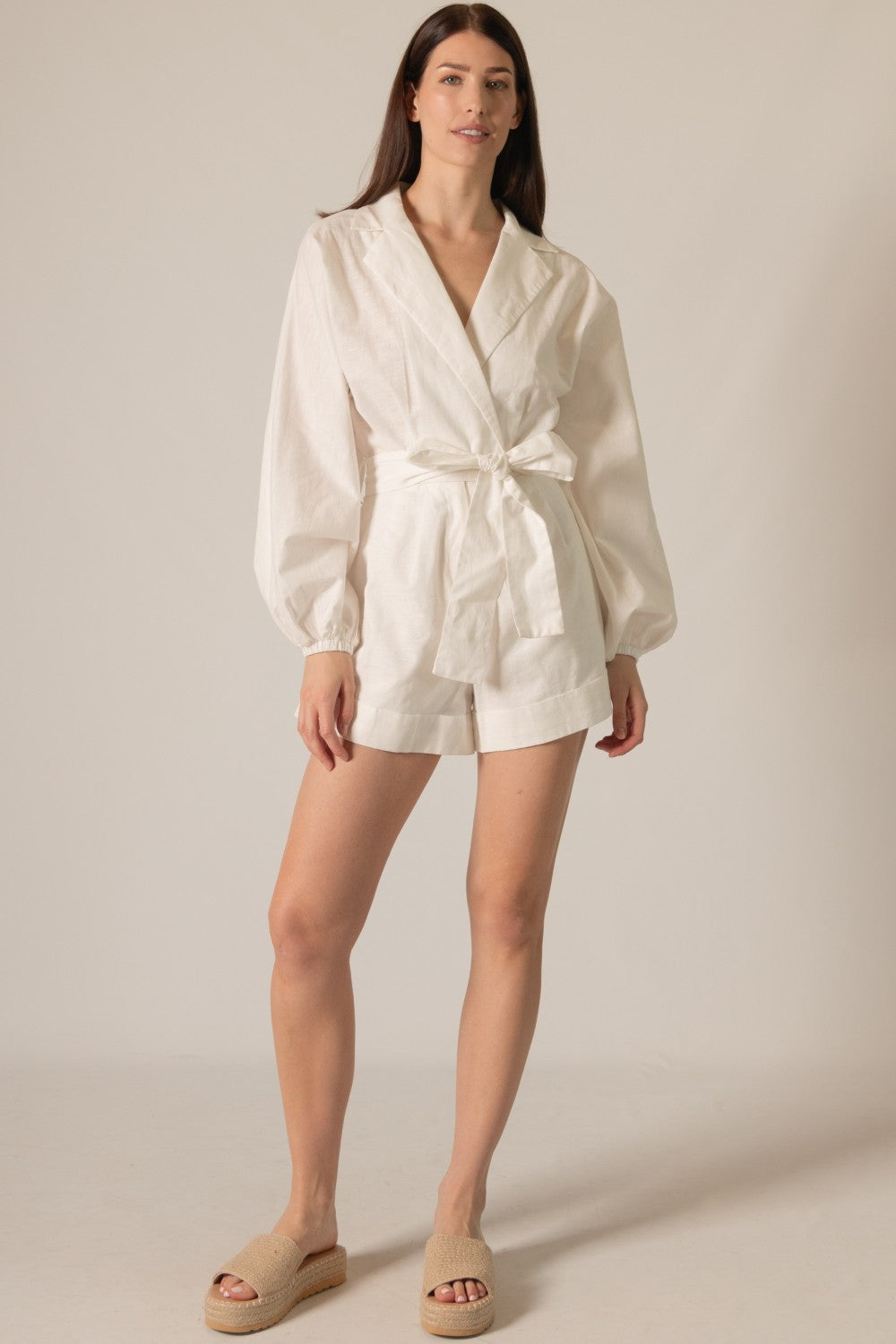 Linen Long Sleeve Wrap Style Romper