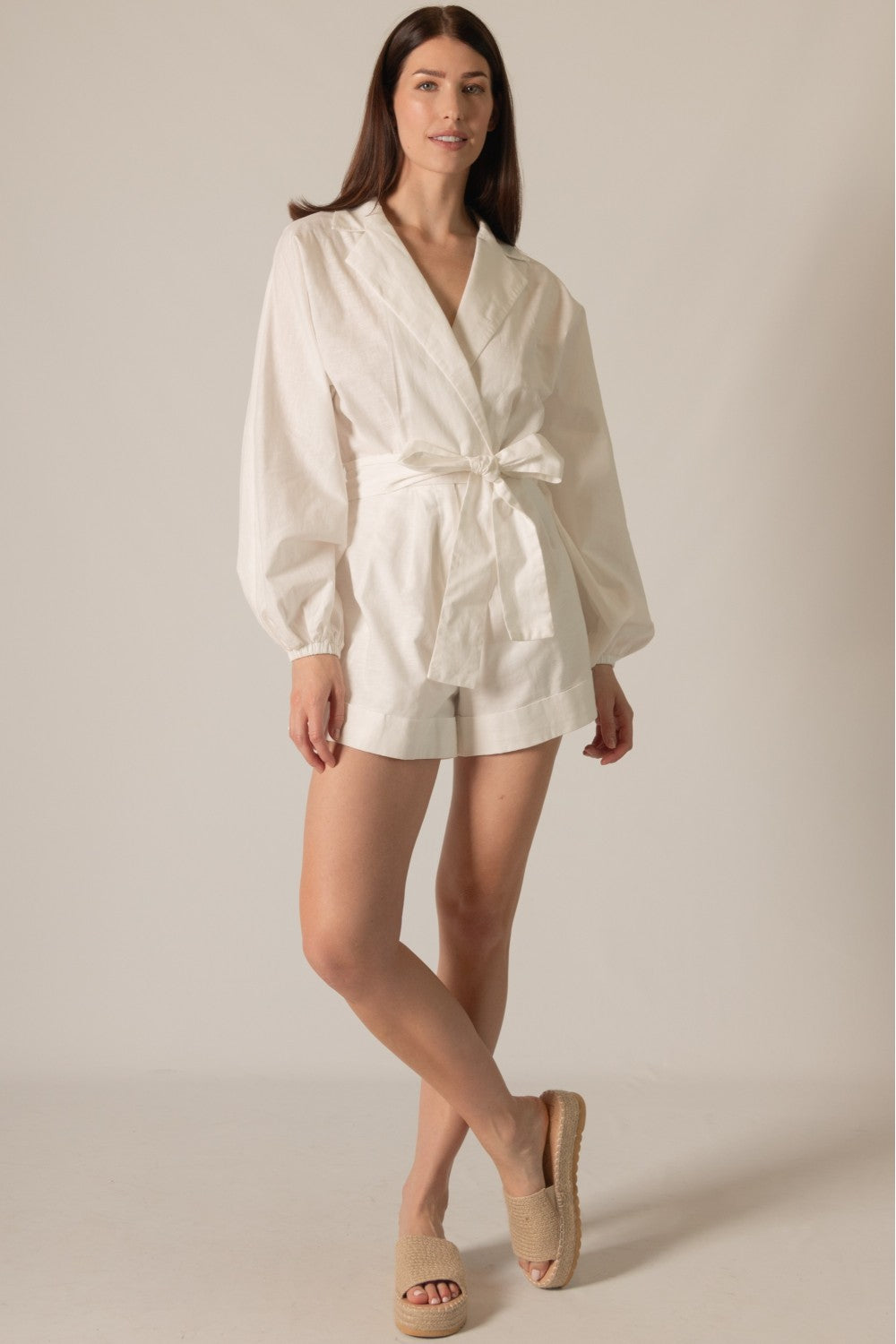 Linen Long Sleeve Wrap Style Romper