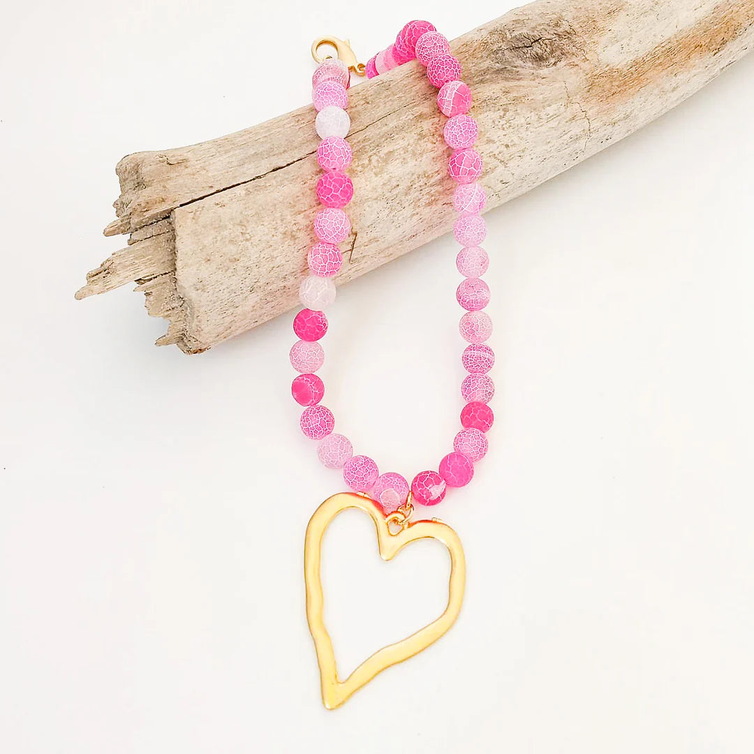 Gemstone Beaded Necklace w/ XL Heart