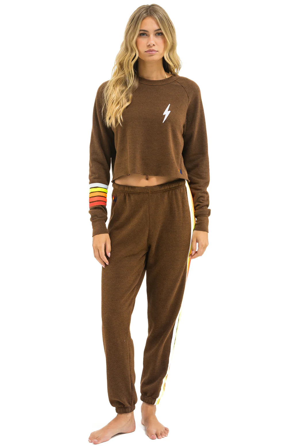 Bolt Rugby Stitch Cropped Crew Sweatshirt - Chocolate/White Neon | Aviator Nation