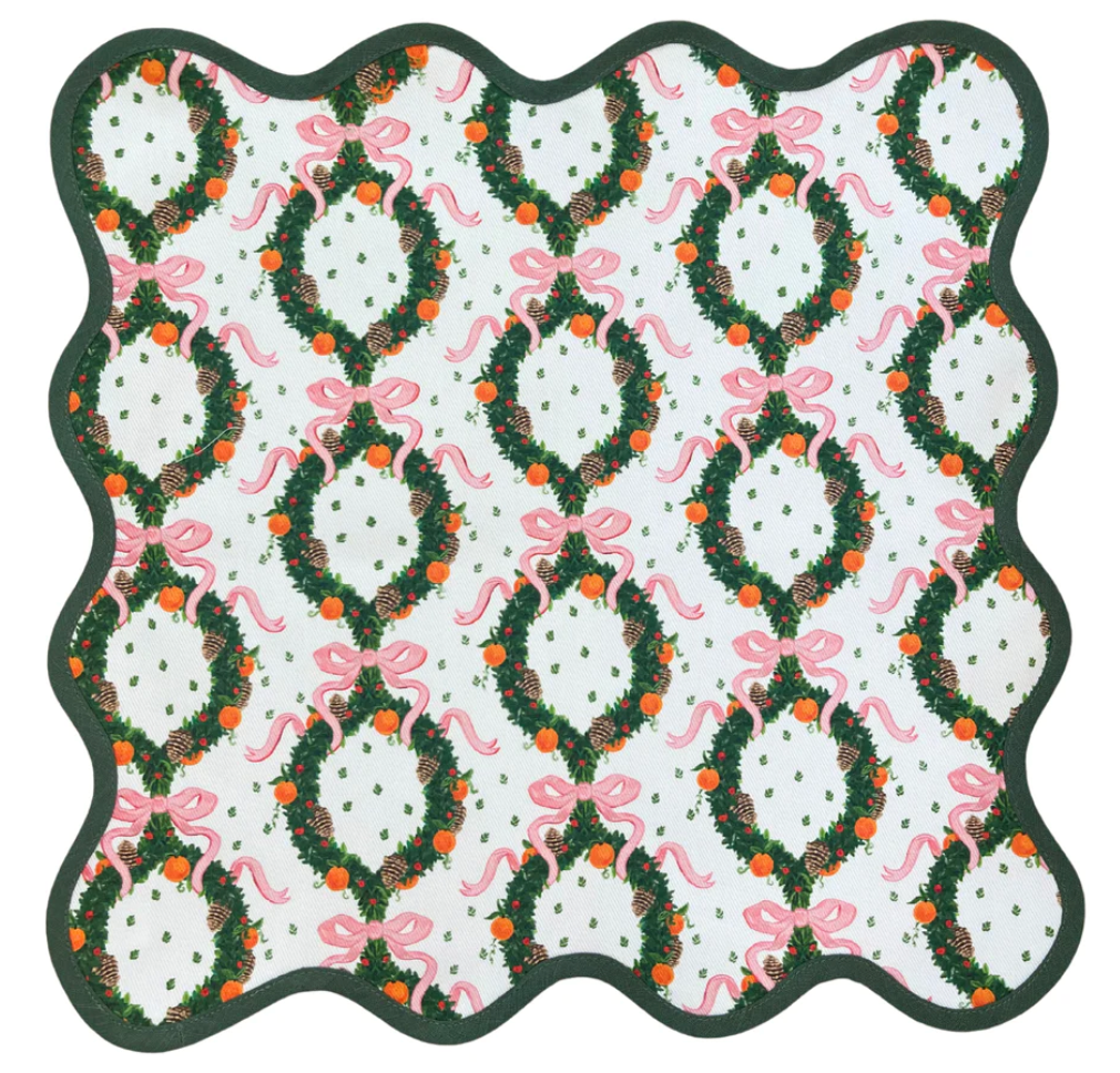 Square Scalloped Placemat | Holiday Wreath Peony Pink with Pine Trim | Fenwick Fields
