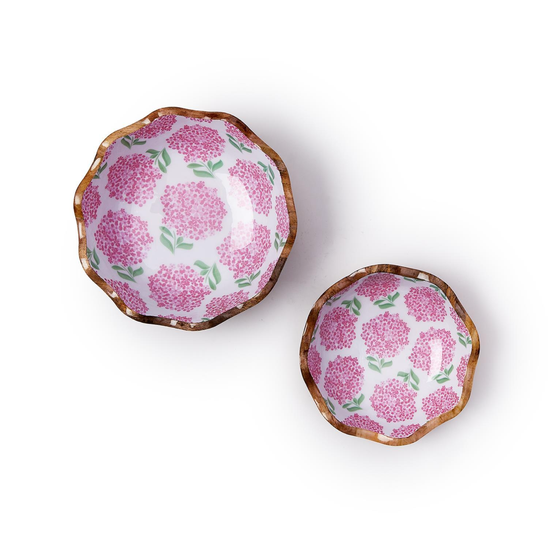 Hand-Crafted Pink Hydrangea Scalloped Edge Wood Bowl