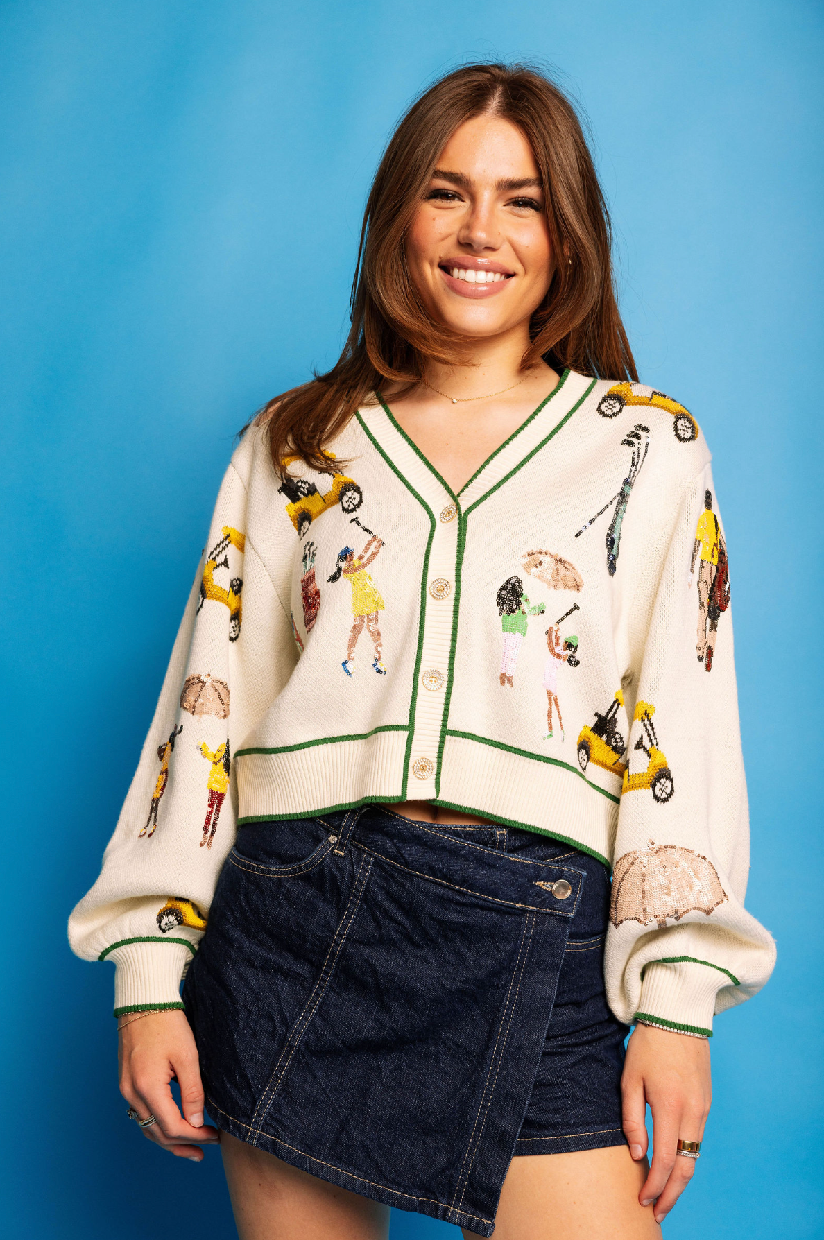 White Multi Golf Icon Cardigan | Queen of Sparkles