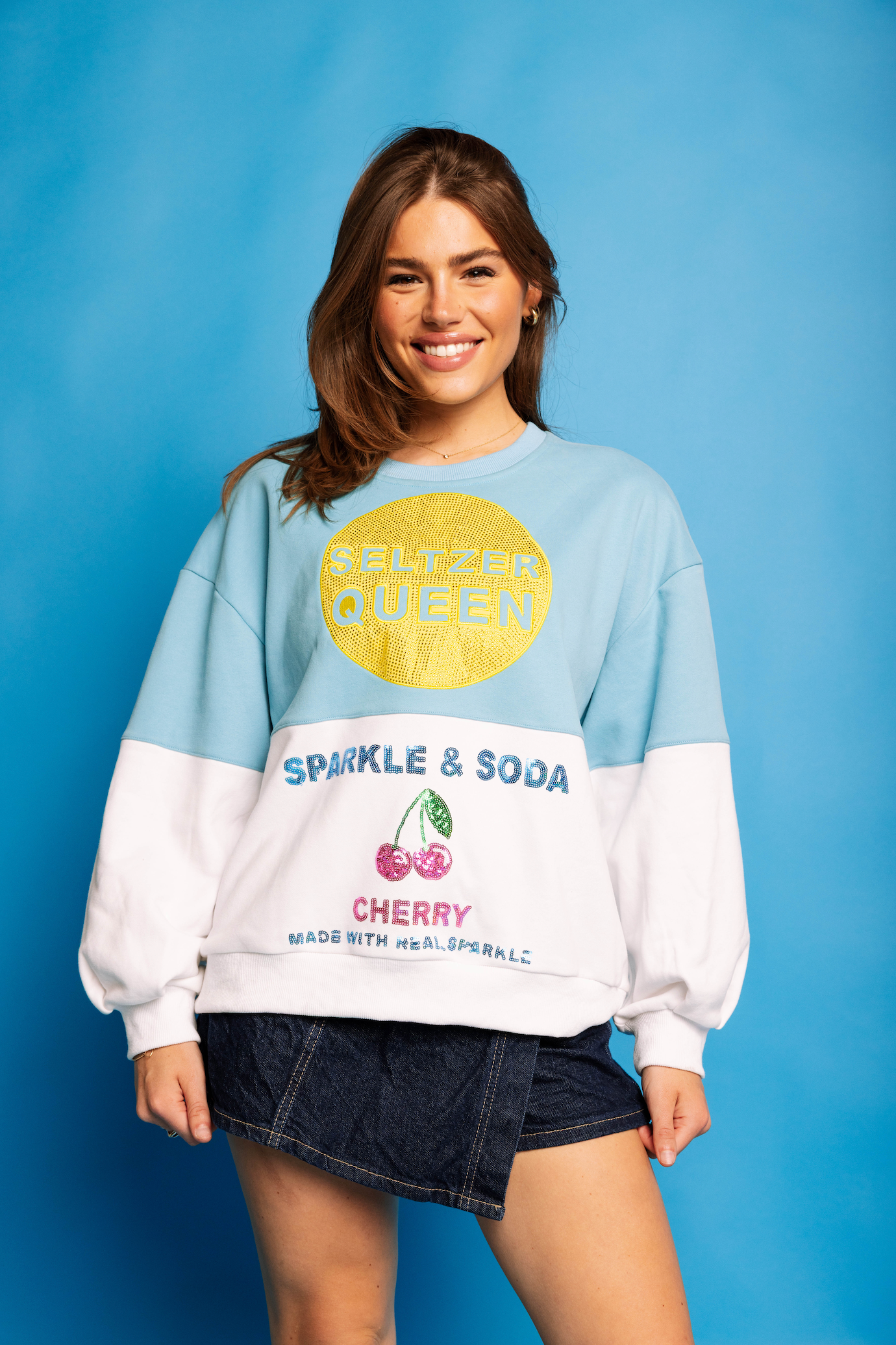 Aqua & White Colorblock Seltzer Queen Sweatshirt | Queen of Sparkles