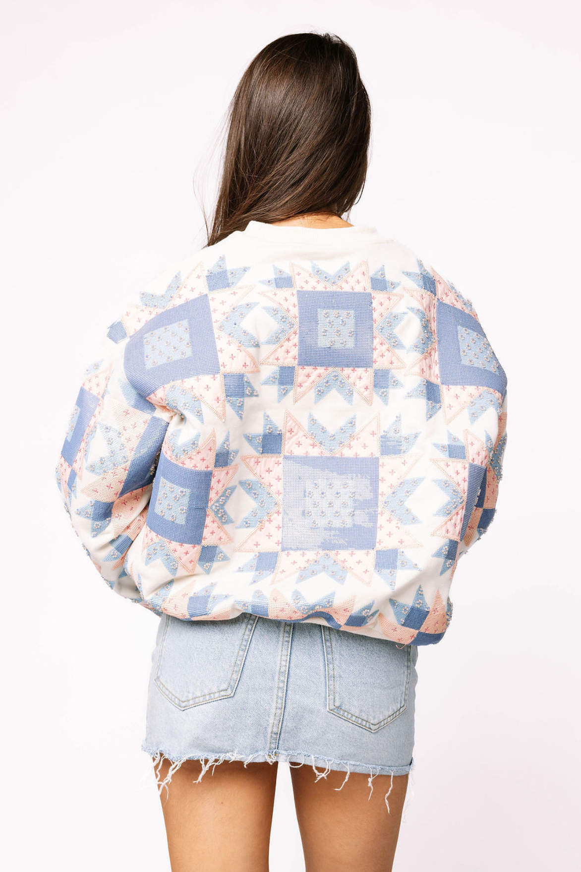 Ivory, Blue & Light Pink Patchwork Sweatshirt | Queen of Sparkles