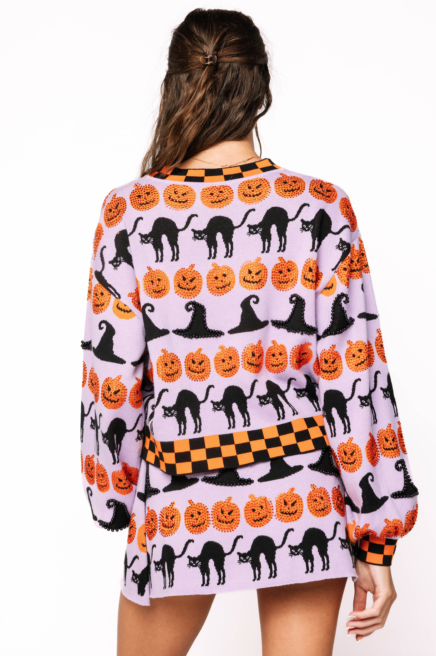 Lavender, Black & Orange Checker Trim Halloween Icon Sweater | Queen of Sparkles