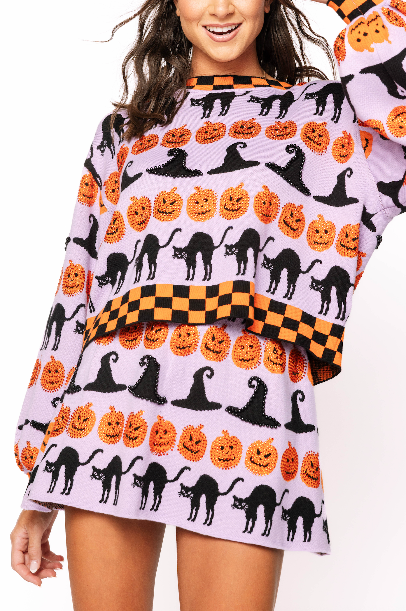 Lavender, Black & Orange Checker Trim Halloween Icon Sweater | Queen of Sparkles